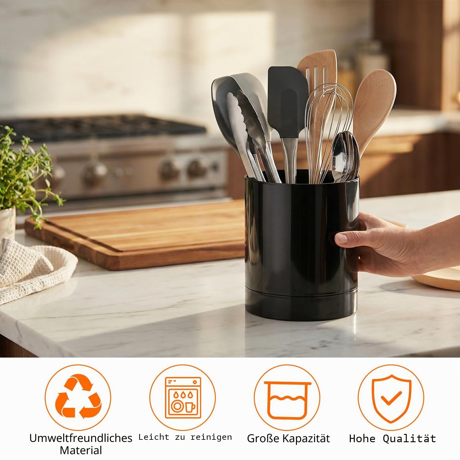 QWORK® Küchenutensilienhalter, Drehbarer Küchenhelfer Aufbewahrung, Schwarz Kochlöffelhalter