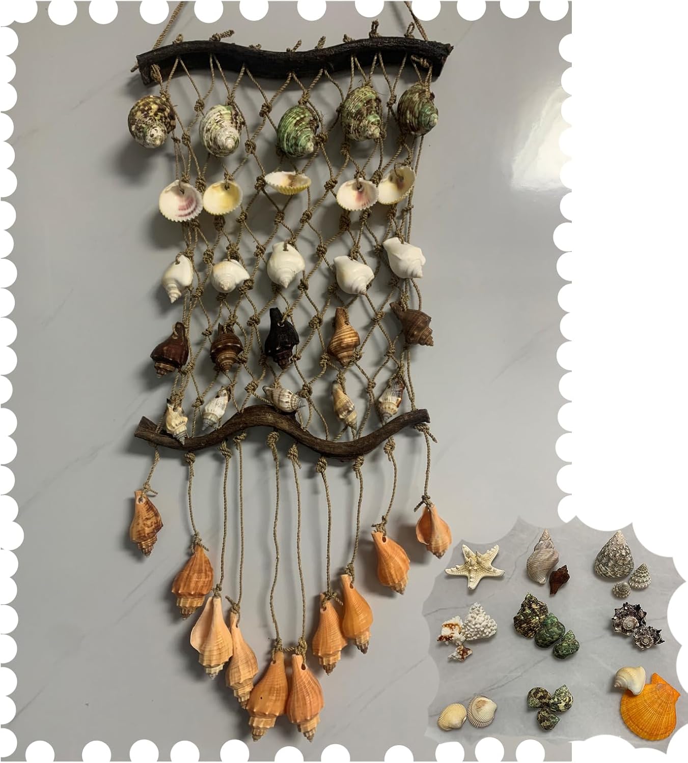 Natural Vines Wall Nets Wind Chimes 24 * 10 Inches and Aquarium Seashells for DIY Decor