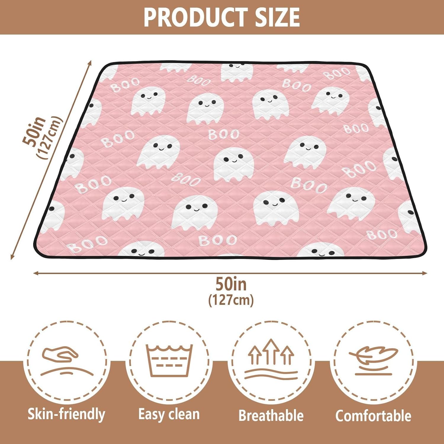 Doodle Cute Ghost Baby Play Mat, 50“ X 50” Washable Folding Crawling Mat, Baby Floor Mat, Soft, Non-Slip