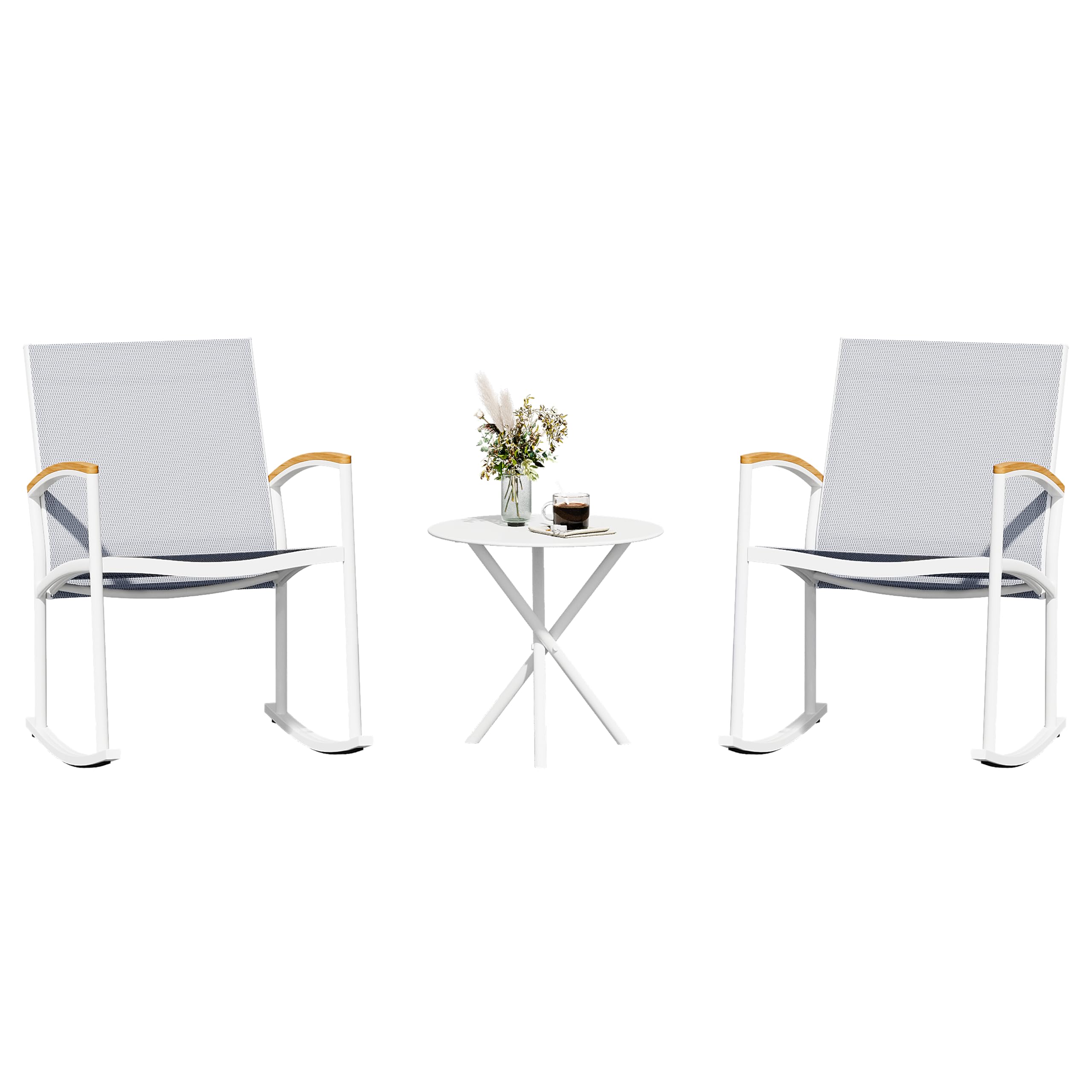 Shintenchi 3 Pieces Patio Rocking Bistro Sets,Outdoor Textilene Fabric Conversation Bistro Set,Front Porch Rocker Chairs Small Patio Furniture Set with Table for Lawn,Garden,Balcony(White)