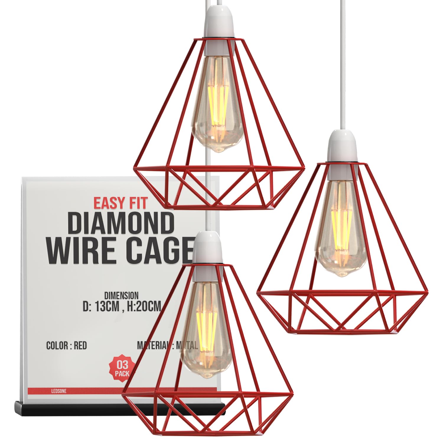 3 Pack of Red Metal Ceiling Lamp Shade, Geometric Lampshade with Reducer Ring, Pendant Wire Cage Light Shade for Kitchen, Dinning Room, Bedroom, Hallway,