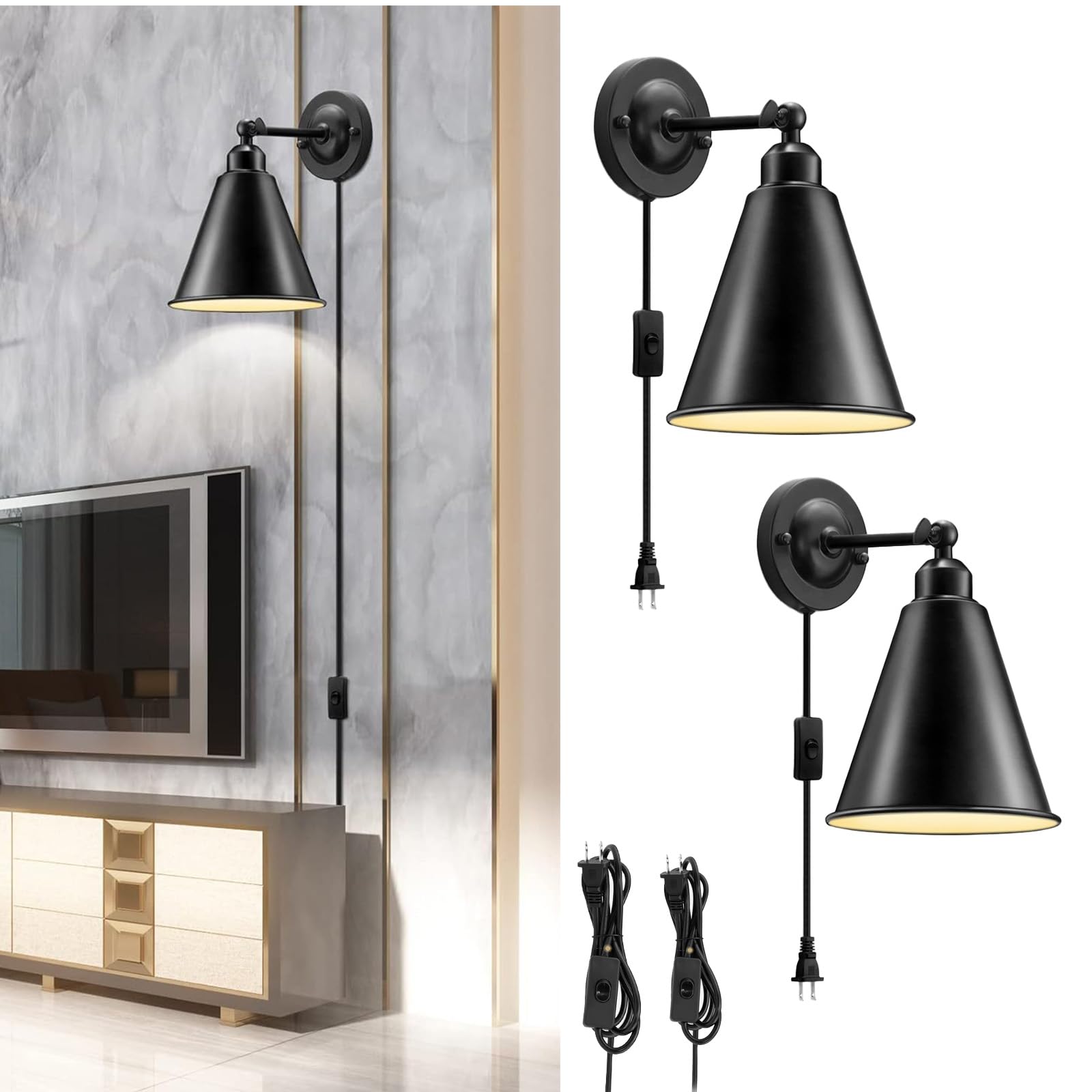 Iluminación de pared vintage E27 aplique industrial negro con enchufe e interruptor pack de 2 8