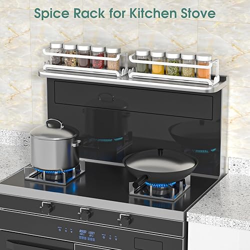 Miniatura 9 de LUCYCAZ Paquete de 2 estantes de especias para montar en la pared con 16 ganchos, estante organizador de especias para estufa, gabinete de despensa,