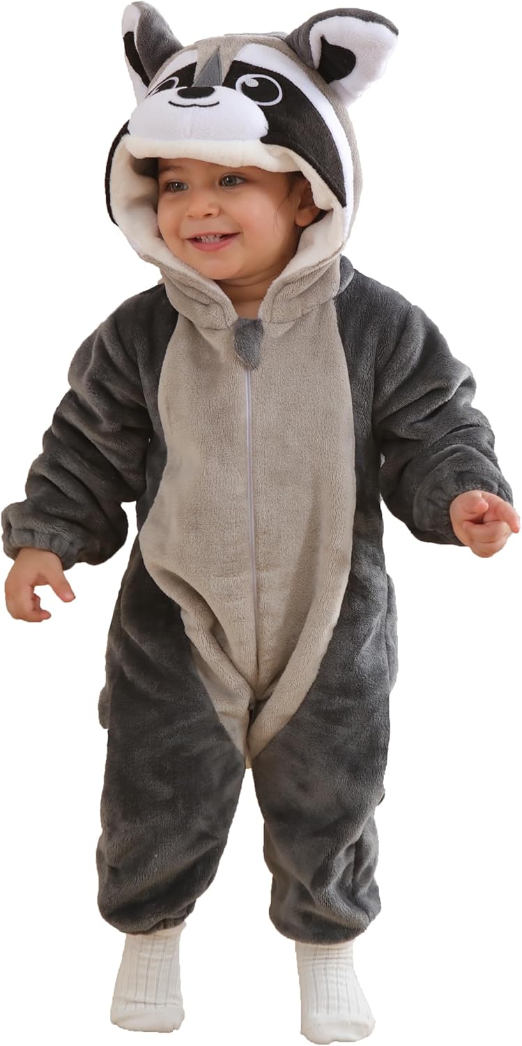DarkCom Unisex Baby Raccoon Costume Animal Onesie Toddler Hooded Romper Halloween Kids' Christmas Pajamas