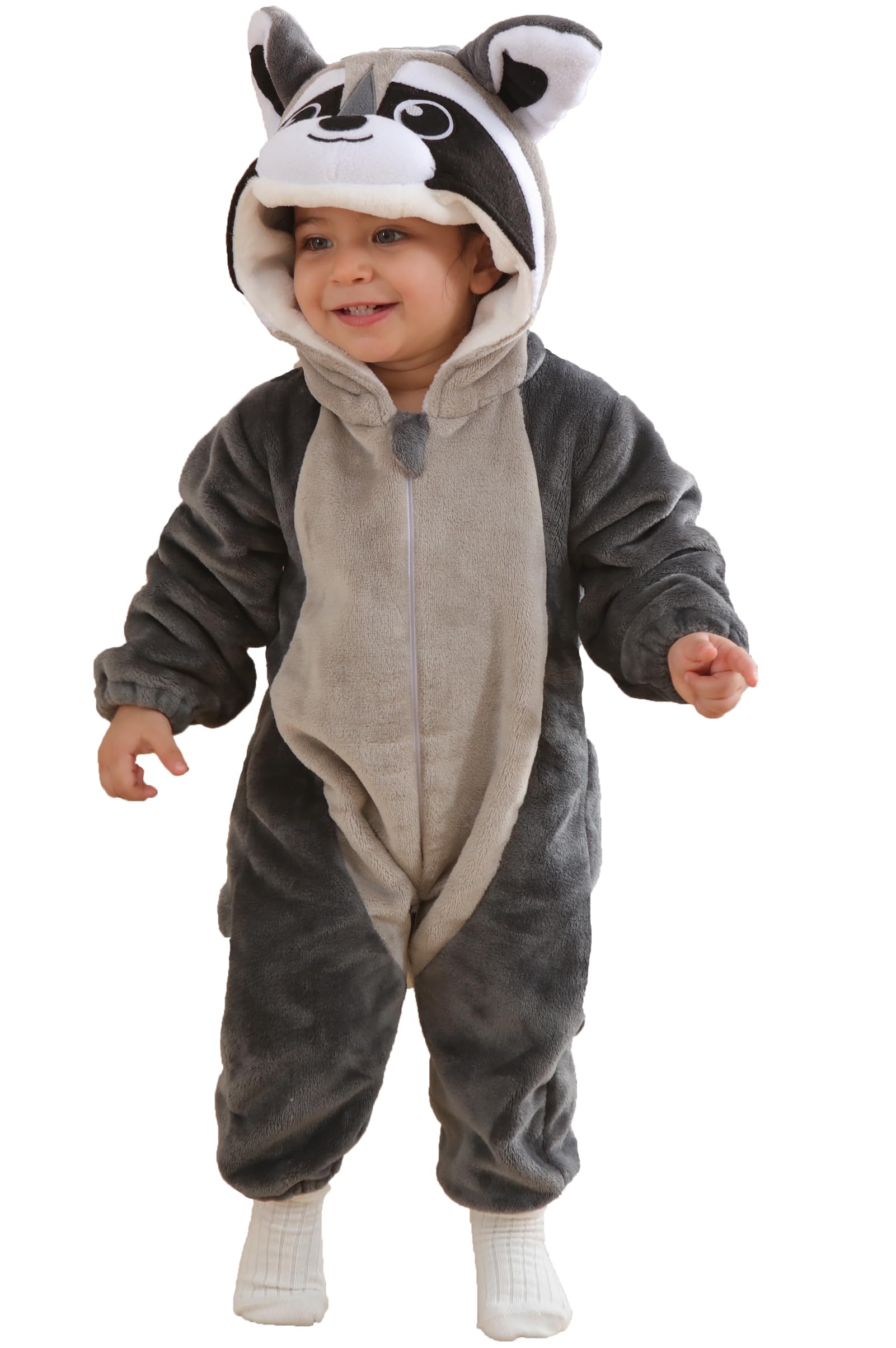 DarkCom Unisex Baby Raccoon Costume Animal Onesie Toddler Hooded Romper Halloween Kids' Christmas Pajamas
