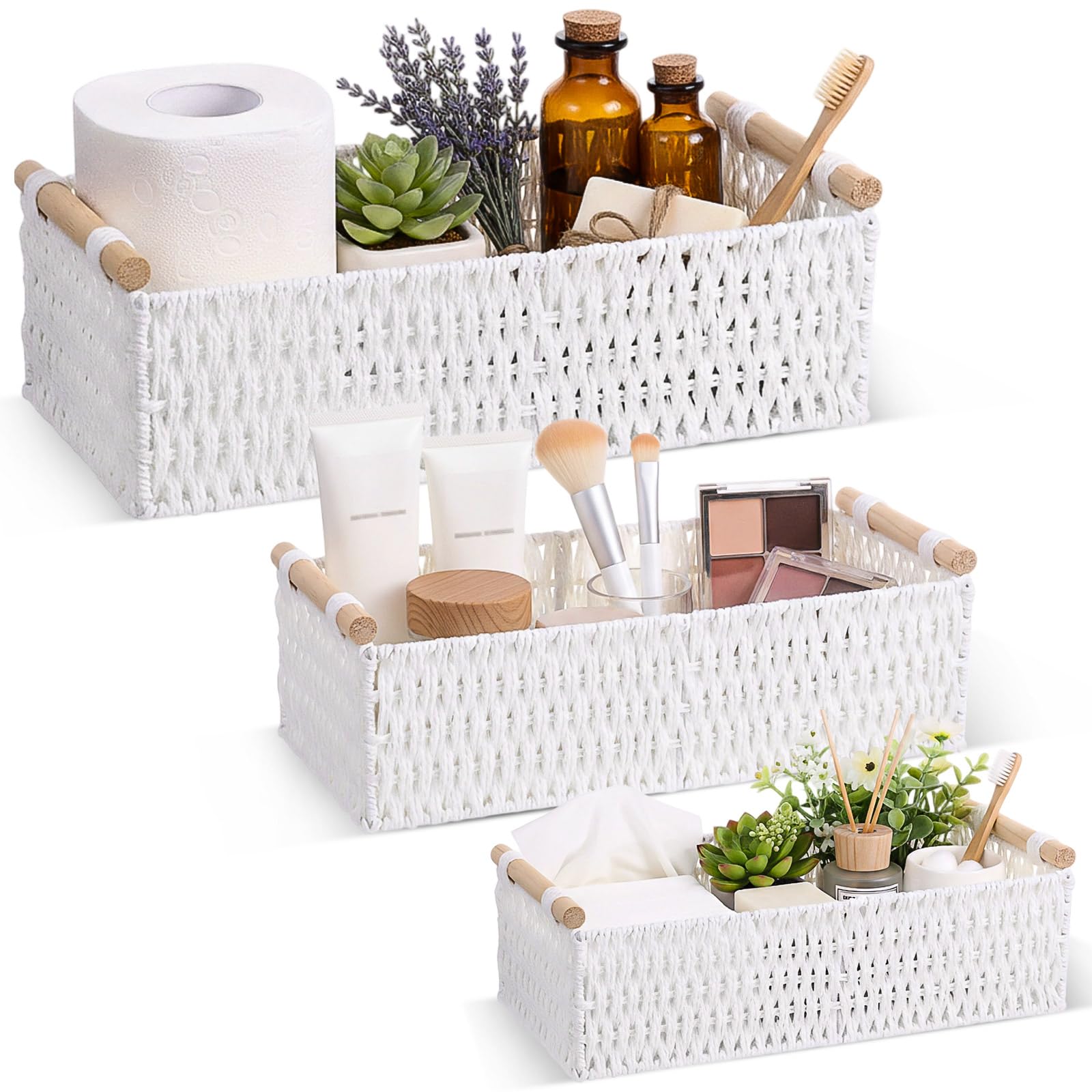 Boao 3 Pcs Boho Storage Wicker Baskets Handmade Woven Decorative Paper Rope Baskets for Organizing with Handle Countertop Toilet Paper Storage Container for Toilet Tank Top(White,Rectangle)
