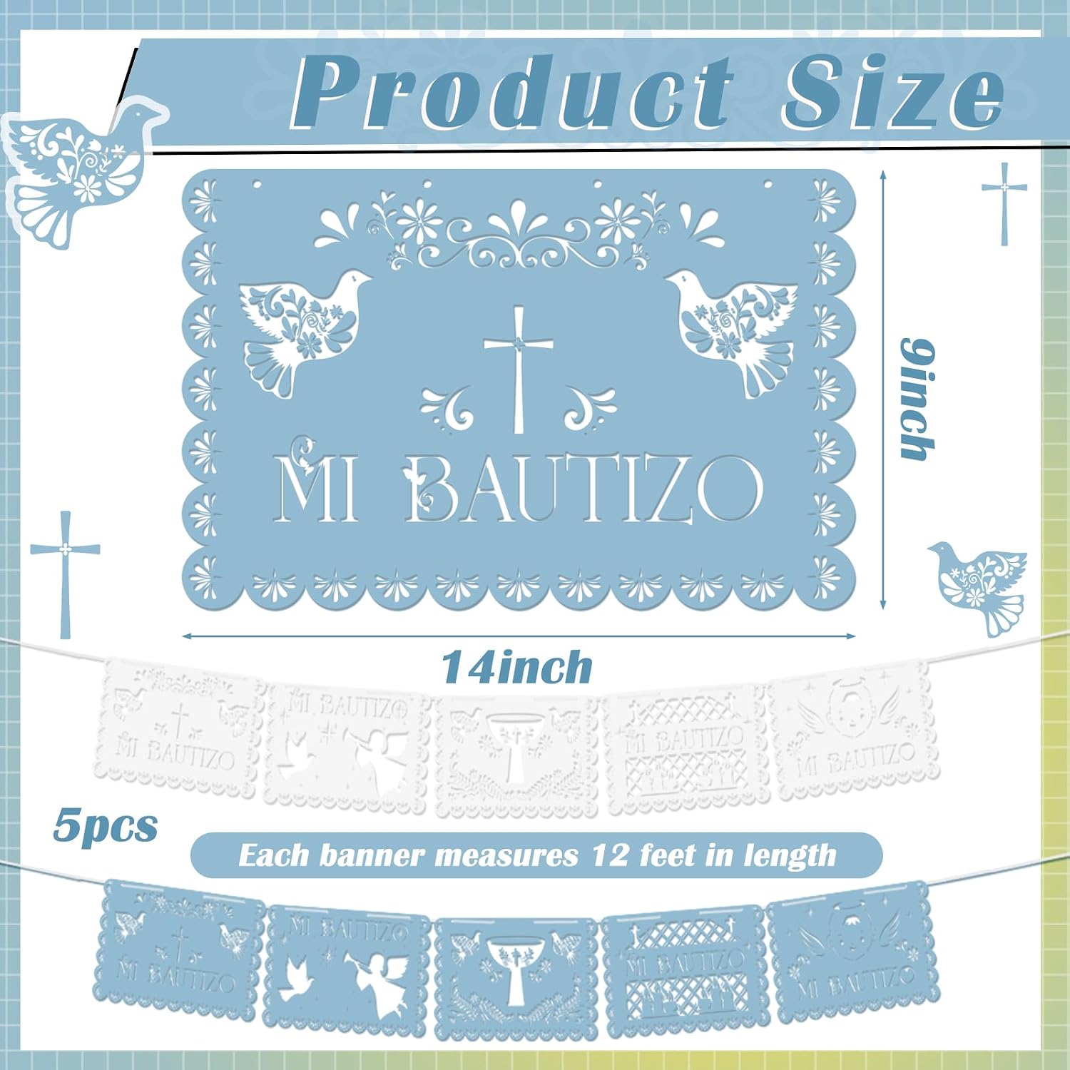 Eaasty 5 Pack 60 ft Mi Bautizo Decoration Papel Picado Cielito Lindo Bautizo Blue White Papel Picado Banner Baptism Baby Shower Party Decor for Girl Boy Mexican Fiesta First Communion Hanging Decor
