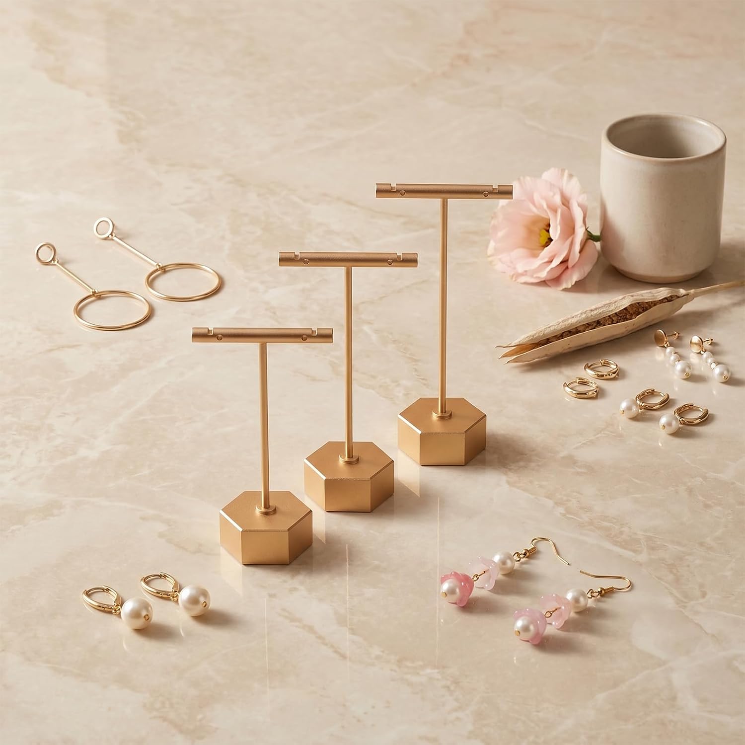 Metal T-Bar Earring Display Stand Gold Metal Earring T Bar Stand Earrings Display Storage Rack Single Small Earrings Hanger Displays Retail Earringes Displays Holder for Selling Photography Prop