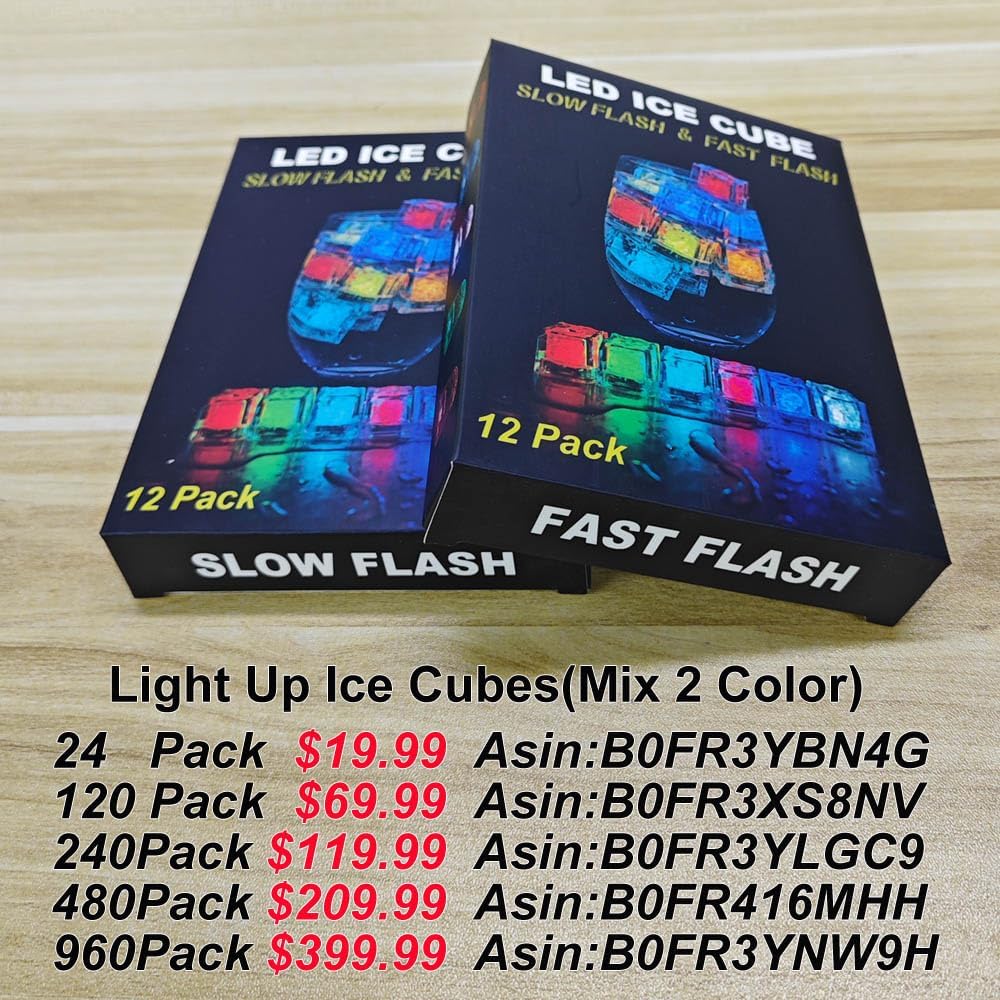 120Pack Light Up Ice Cubes for Drinks Reusable, Slow Flash + Fast Flash Mix 2 Color Lighted Ice Cube Lights,Waterproof Multi Color Flashing LED Drink Light for Cocktail Wedding Party Decorations