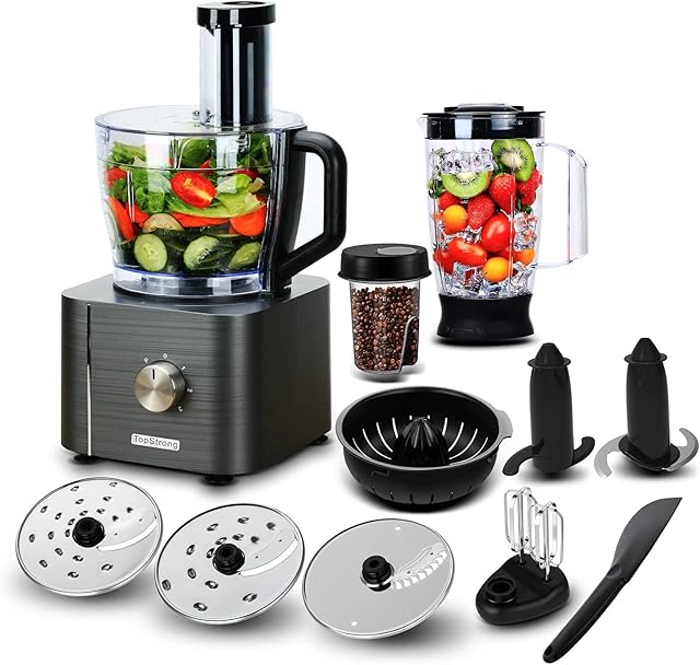 Food Processor, TopStrong 11-in-1 Food Processor and Blender with Chopping Blending Kneading Grinding Whisking Juicing, 1100W, 3 Speeds Plus Pulse, 3.2 L Bowl and 1.5L Jug Blender