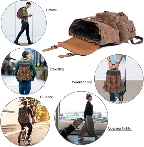 Miniatura 7 de WUDON Mochila de cuero para hombre, mochila de hombro de lona encerada para viajes y escuela, Portátil