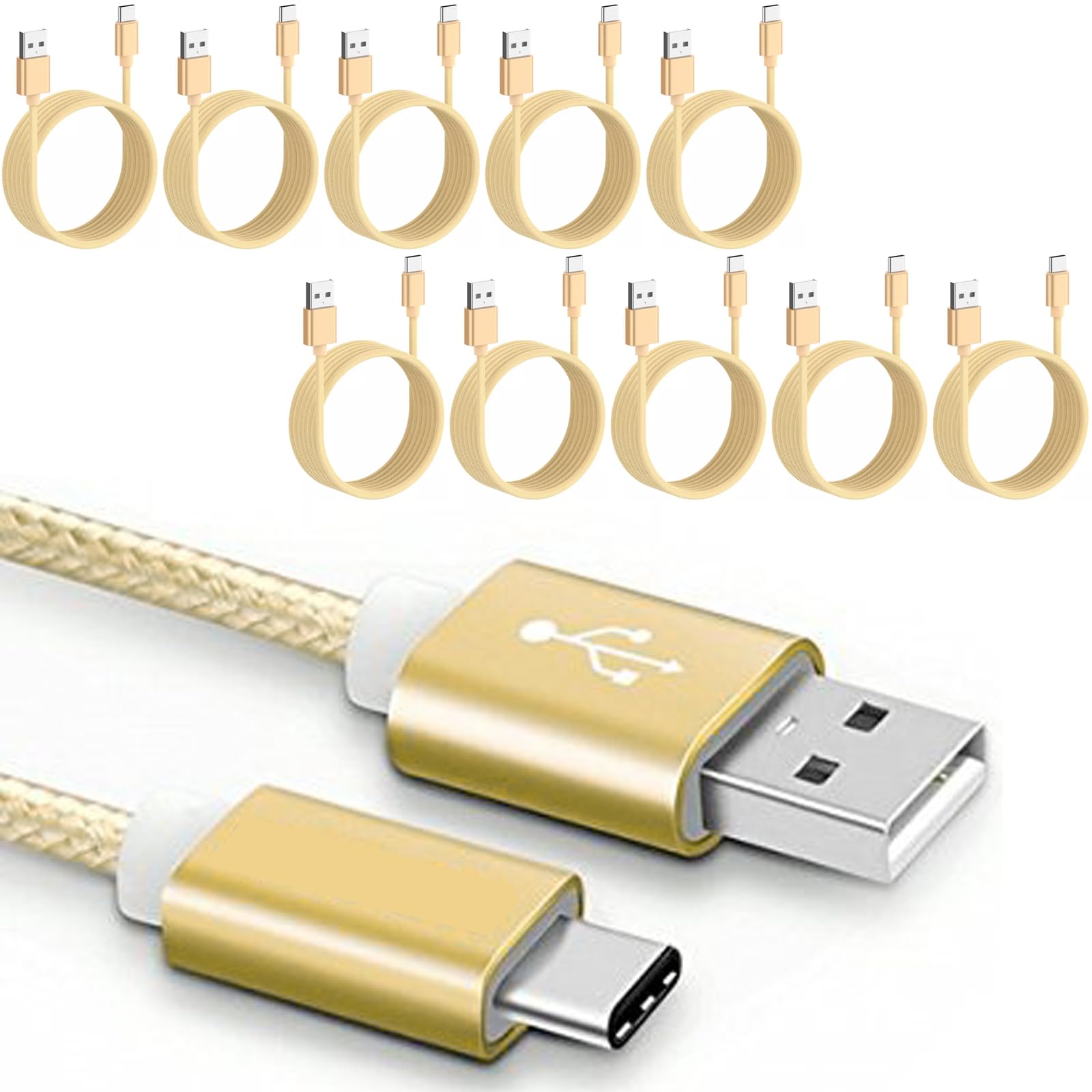 Lot de 10 câbles de chargement USB de type C pour téléphone et tablette - 2 m de long - En nylon tressé doré