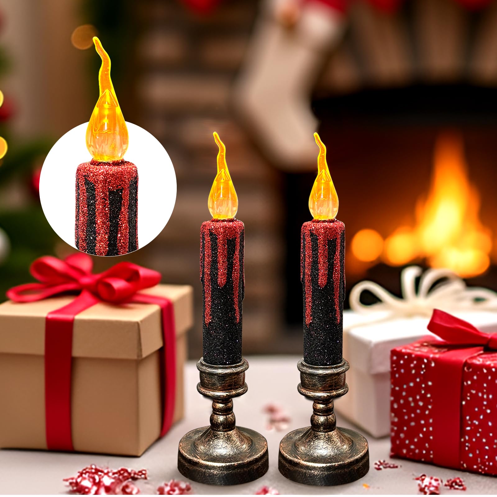 TINYOUTH 2PCS 21CM Large LED Candles for Halloween Christmas, Black Glitter Table Candles Light Batteries Included for Wedding Party Anniversary Engagement Decoration