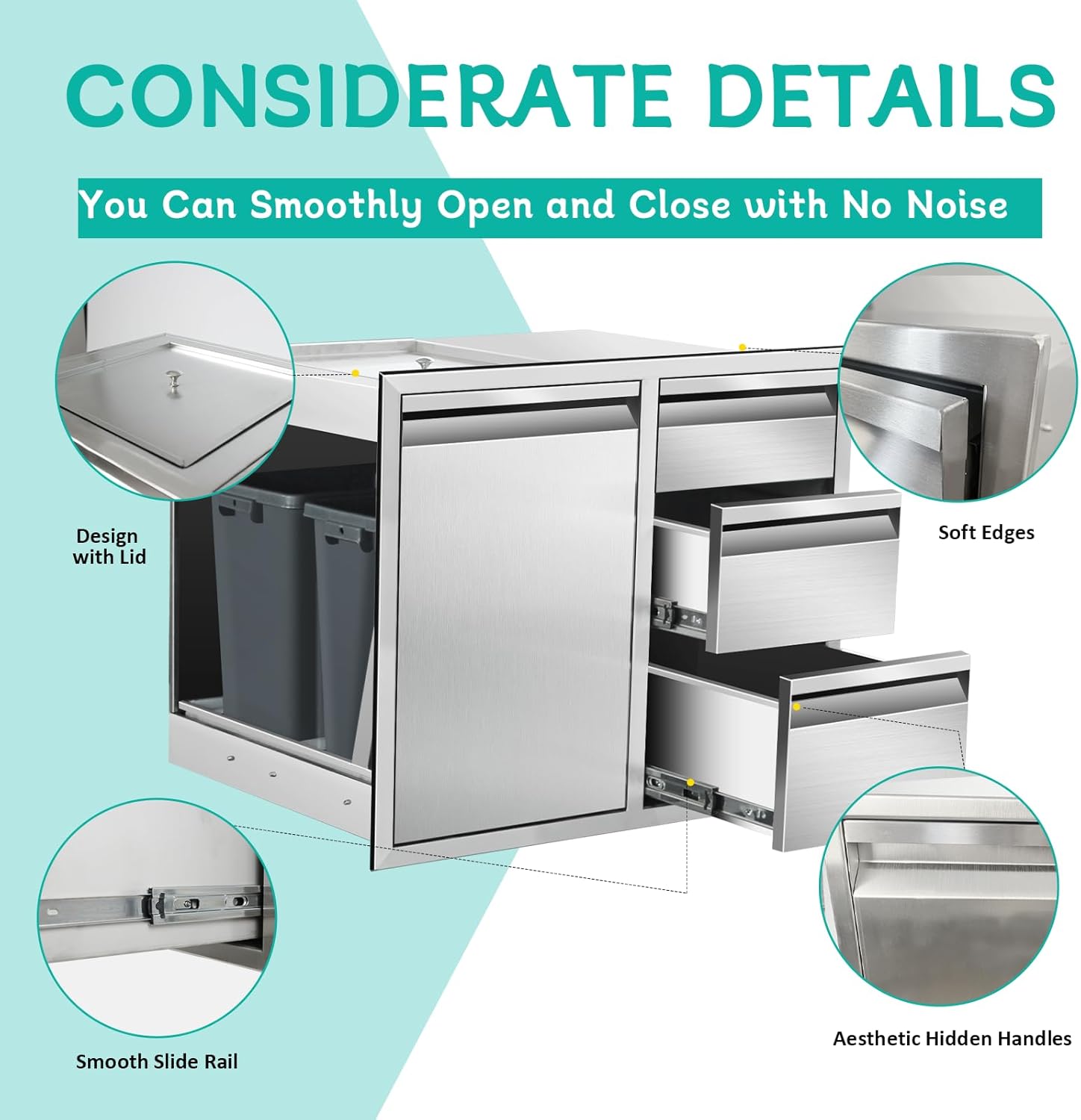 Outdoor Kitchen Door Drawer Combo Cabinet Stainless Steel 28" W x 22" H x 19.5" D Built-in Triple Drawers for Outdoor Kitchen Island, Patio Grill Station (Drawer and Left Trash Drawer Combo)