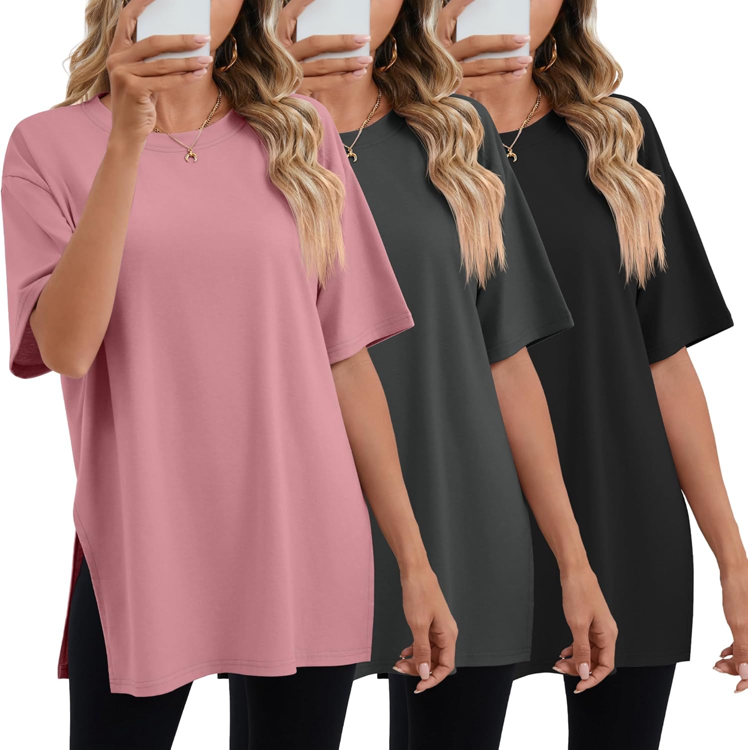 Huukeay 3 Pack Women's Oversized Gym T Shirts Short Sleeve Side Split Crewneck Tops Casual Summer Workout Baggy Basic Tee