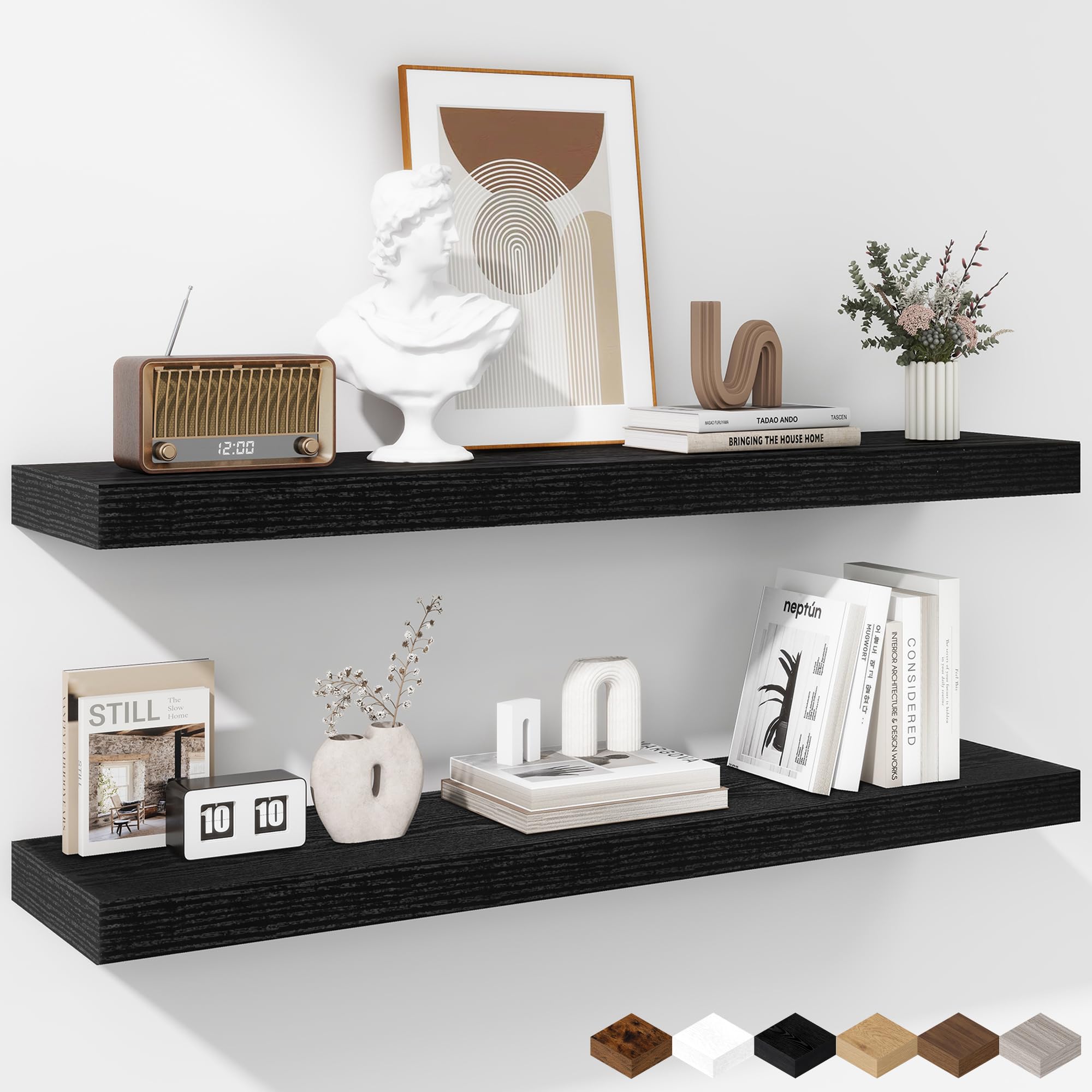 Fun Memories 36 Inch Floating Shelves - Deep Rustic Black Wooden Wall Shelves - Extra Deeper & Thicker Wall Mounted Storage Shelf for Bedroom, Kitchen, Farmhouse - 2 Pack, Rustic Black โ image 1