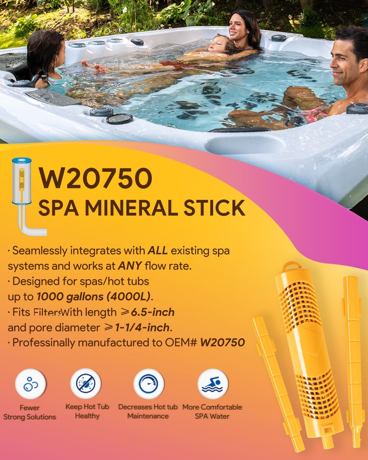 Replacement for Nature2 SPA Stick Mineral Cartridge W20750 for All Hot Tubs & Spas System All Spa Flow Rates Up to 1000 gallons, 8 Pack