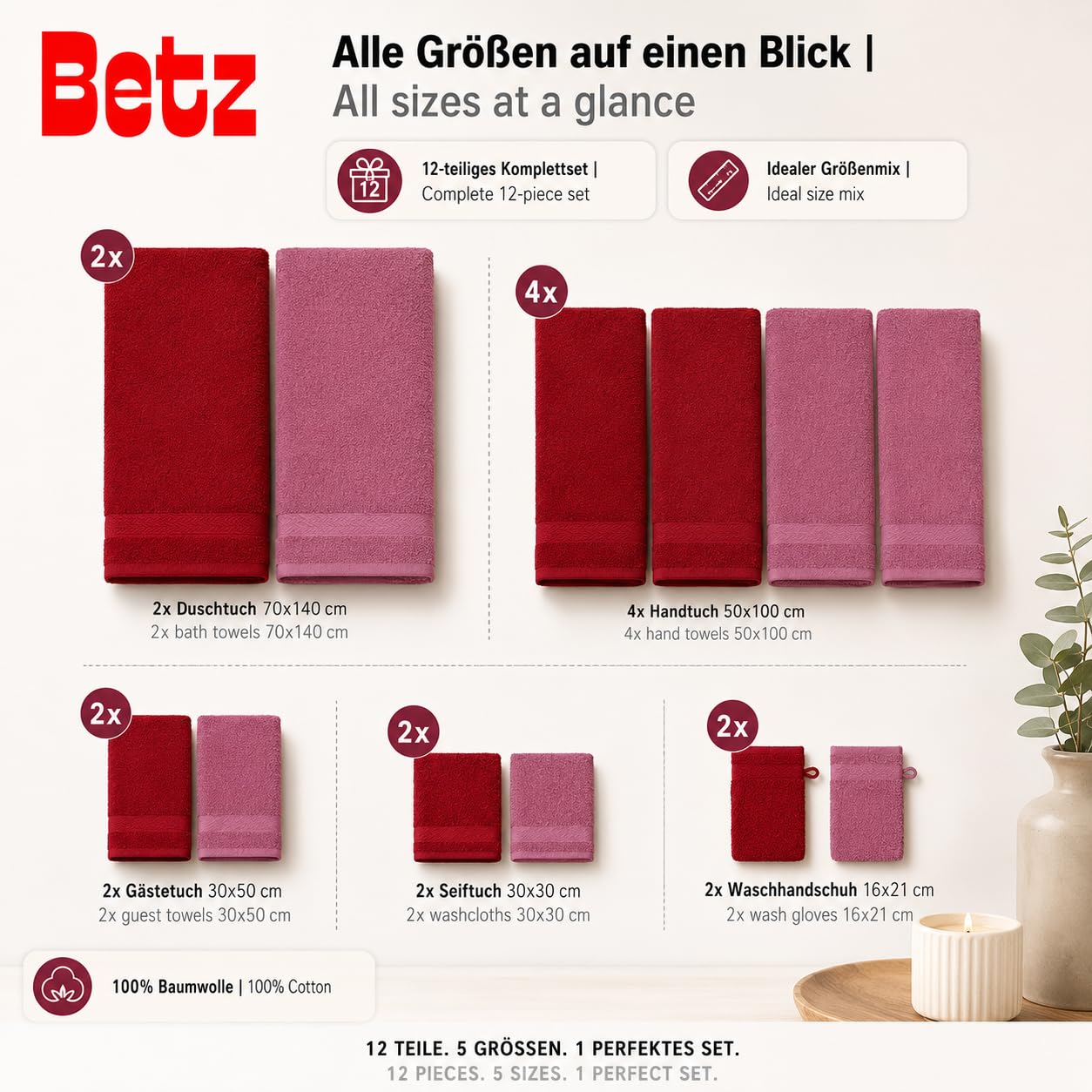 Betz 12-częściowy zestaw ręczników PREMIUM 100% bawełna 2 ręczniki kąpielowe 4 ręczniki do rąk 2 ręczniki dla gości 2 ręczniki do rąk 2 rękawice do mycia kolor rubinowy czerwony/jagodowy