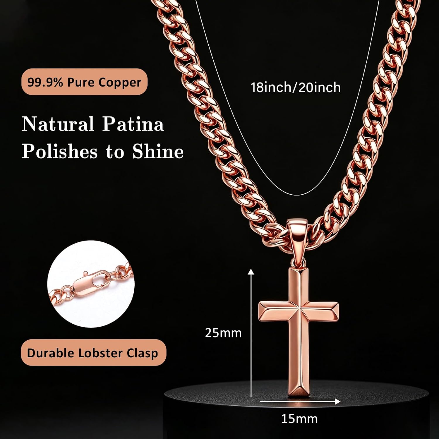 Copper Necklace for Men Women - 99.9% Pure Copper Cross Necklace - Solid Cuban Link Chain Jewelry Gift