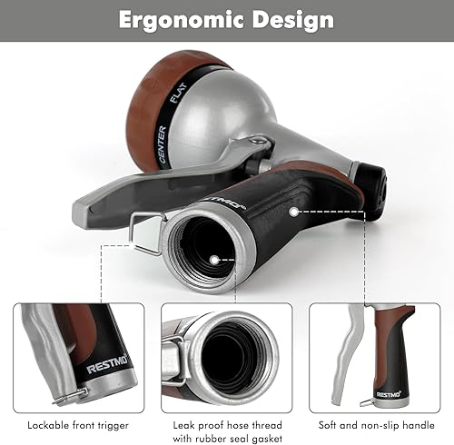 Vista 4 de RESTMO Boquilla de manguera de jardín, boquilla de manguera de agua de metal resistente con 7 patrones de pulverización ajustables, rociador de mano