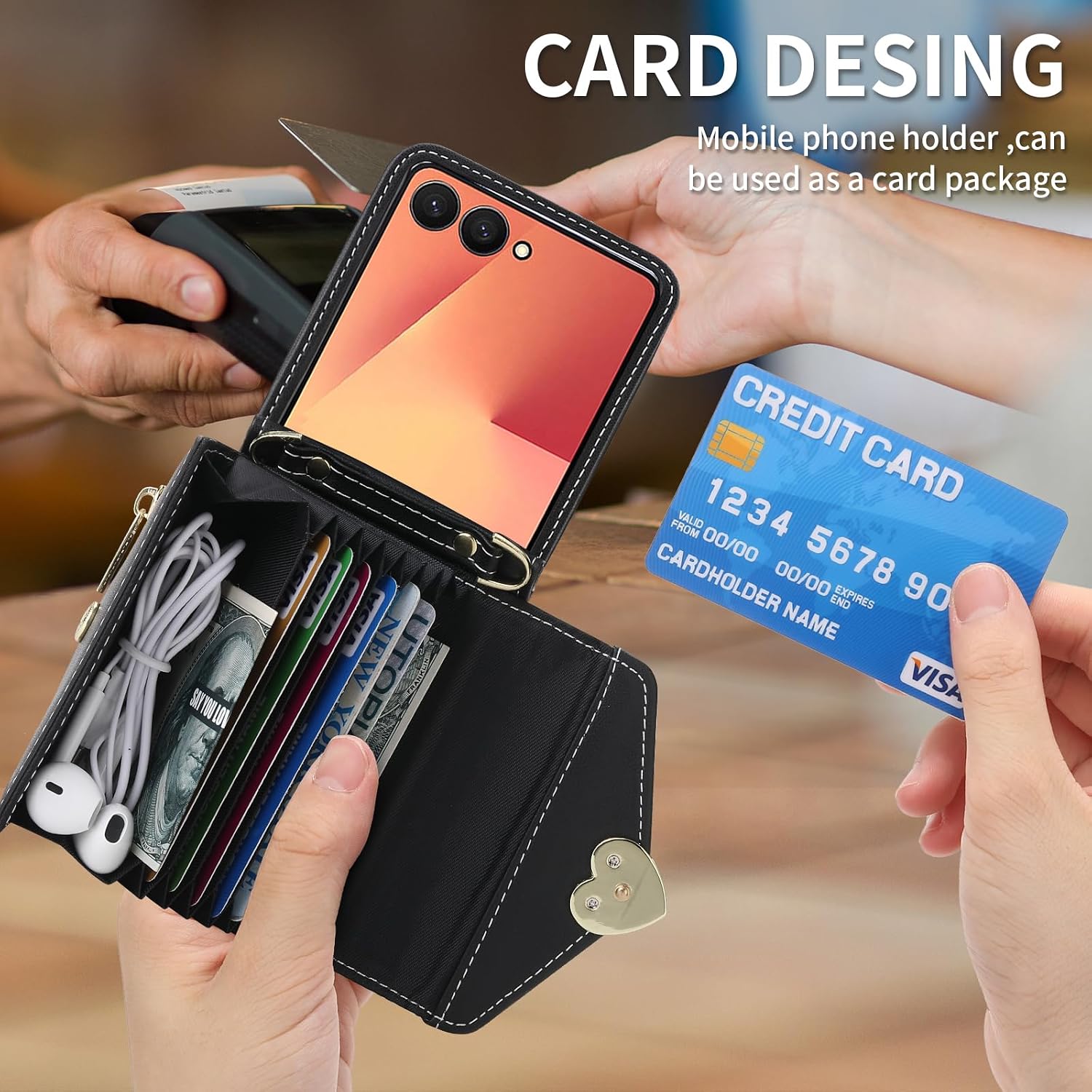 Wallet Case for Samsung Galaxy Z Flip 7, Fashion PU Leather Heart Crossbody Phone Cover for Women Girls, Zipper Case with Adjustable Lanyard Card Slot Holder Kickstand Magnetic Black
