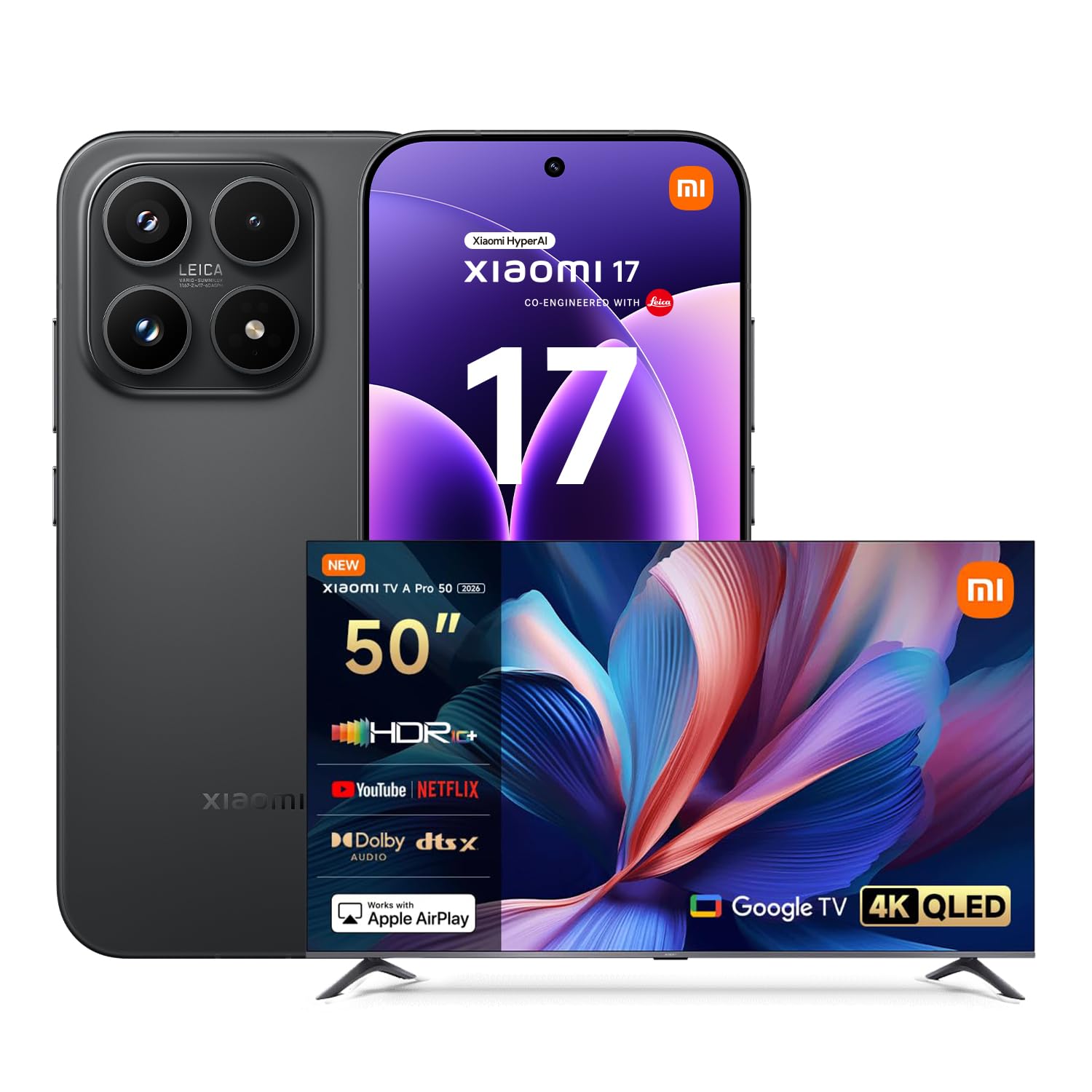 XIAOMI 17, Smartphone 12+512GB, Lenti Leica Summilux, Sensore Light Fusion 950, Batteria 6330 mAh, HyperAI, Black, Garanzia 2 anni+1 anno extra, Caricatore non incluso+TV A Pro QLED 50"