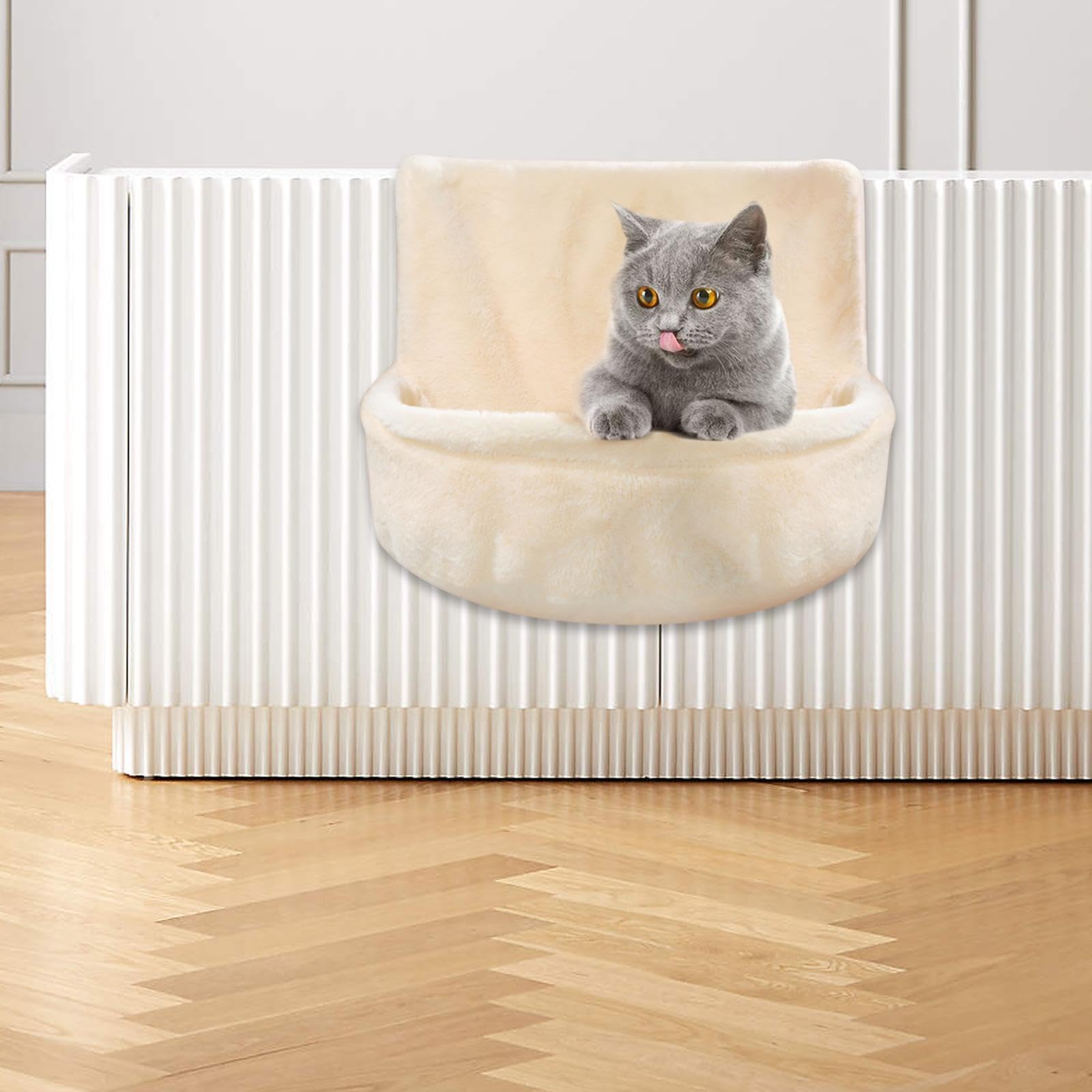 Cuccia Sospesa per Gatti, Amaca Pieghevole, Lettino, Tasca sul Termosifone, Ferro da Stiro, Flanella, Morbido Cestino, Spaziosa, Adatta per G, Beige