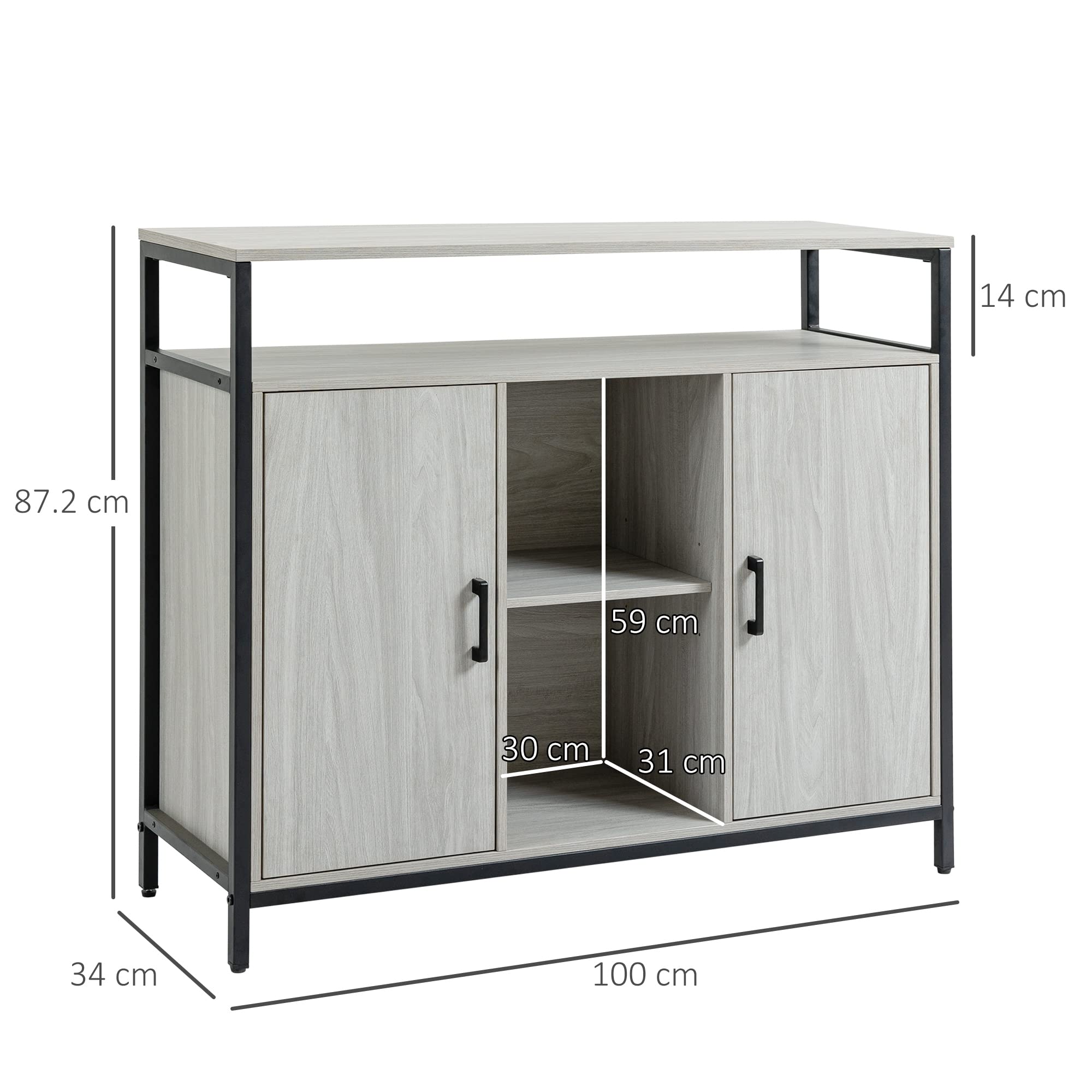 HOMCOM Credenza Moderna in Legno Mobile Cucina 100x34x87.2cm Grigio Chiaro | 2 Armadietti e Ripiani, per Ingresso
