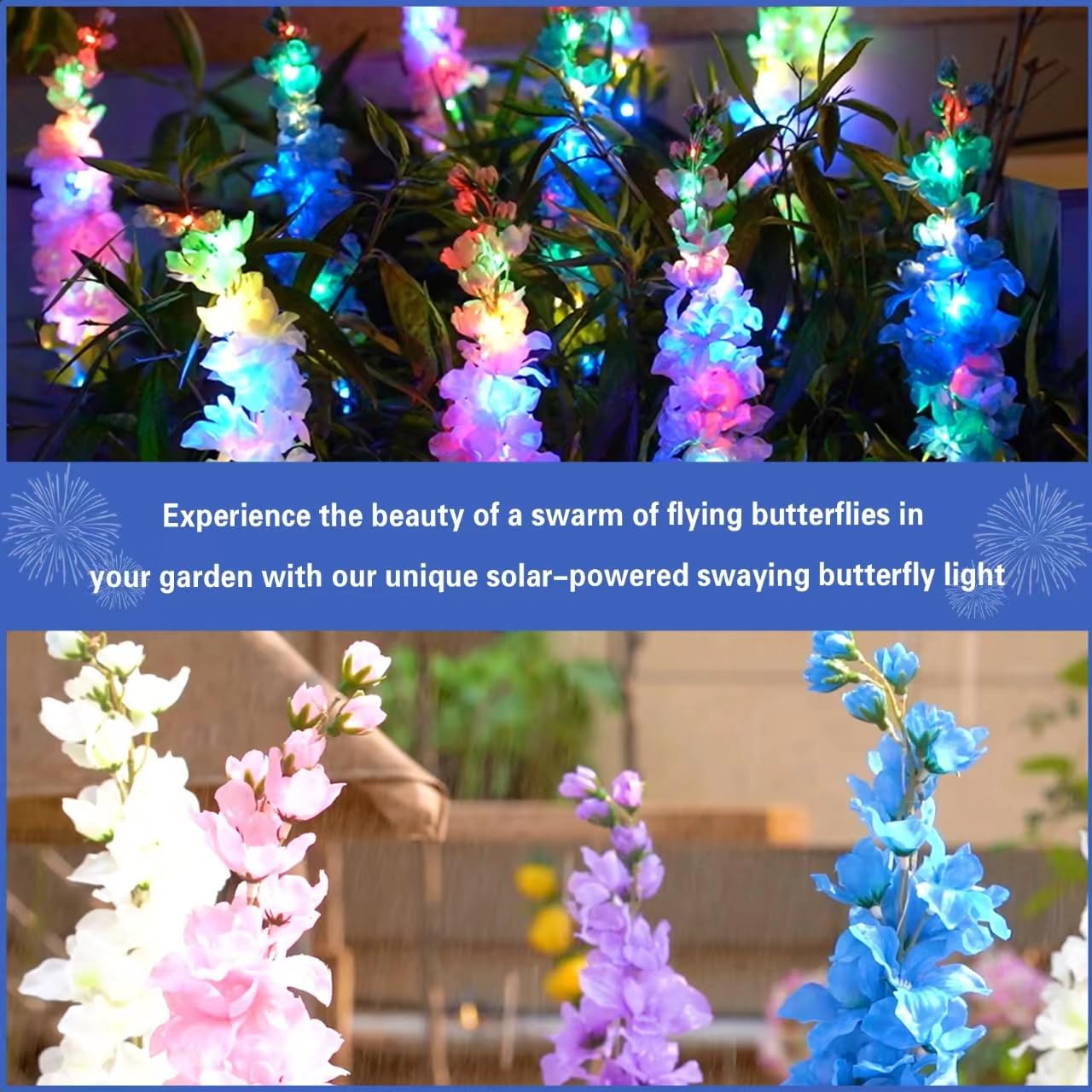 Luci solari da giardino – Nuova versione di luci solari per esterni, luci solari Delphinium per cortile, decorazioni da giardino, fiori di Delphinium grandi e realistici (confezione da 4)