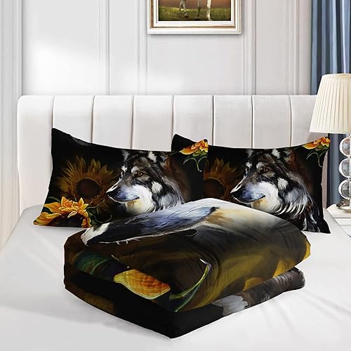 Miniatura 7 de Juego de edredón con diseño de lobo, girasoles, galaxia, luna nocturna, juego de ropa de cama de 3 piezas para niños, adolescentes, decoración de