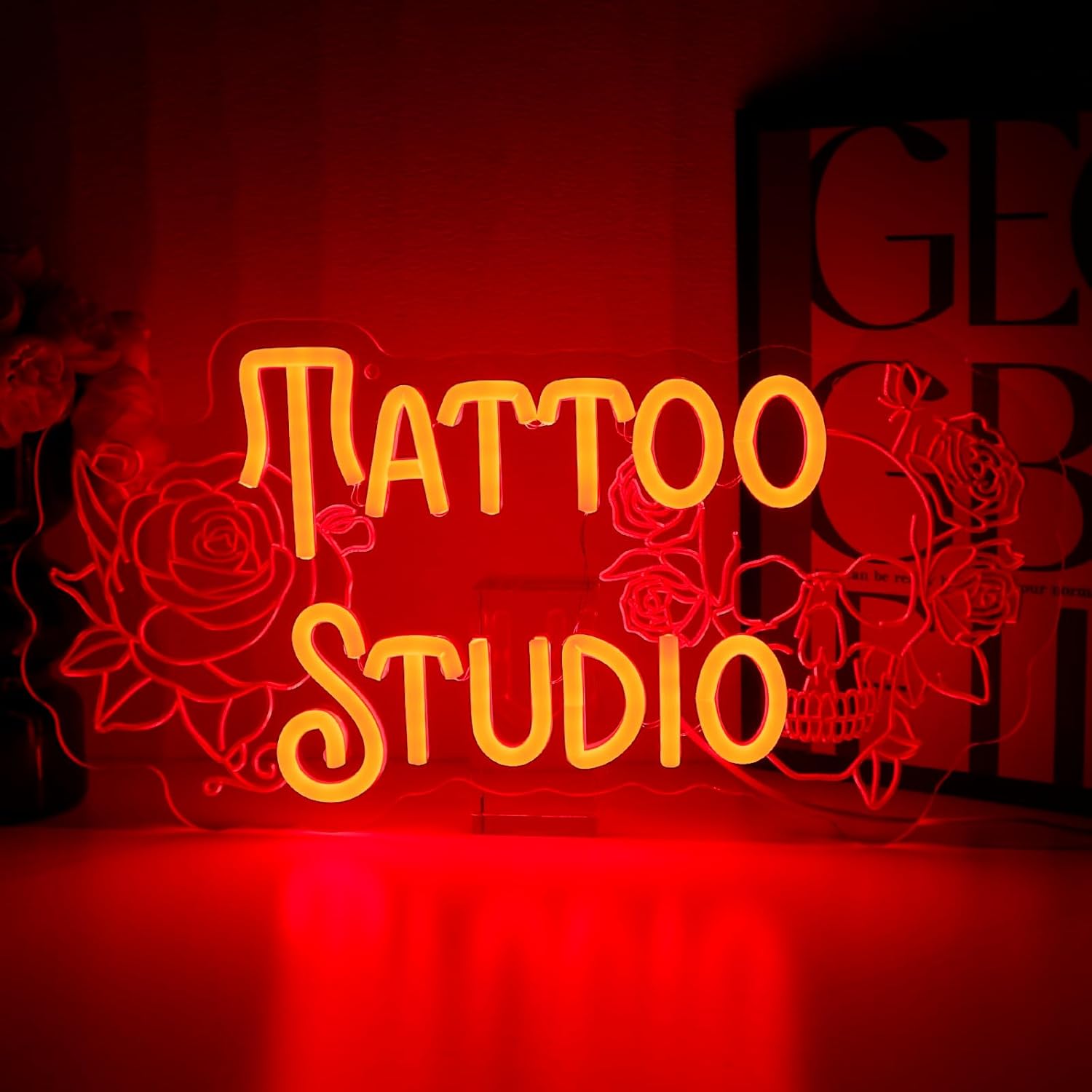 Tattoo Studio Neon Sign for Wall Decor, Red Rose Flower Led Signs for Business, USB Dimmable Skull Neon Lights for Tattoo Piercing Salon Beer Bar Pub Garage Man Cave Gothic Party Decor