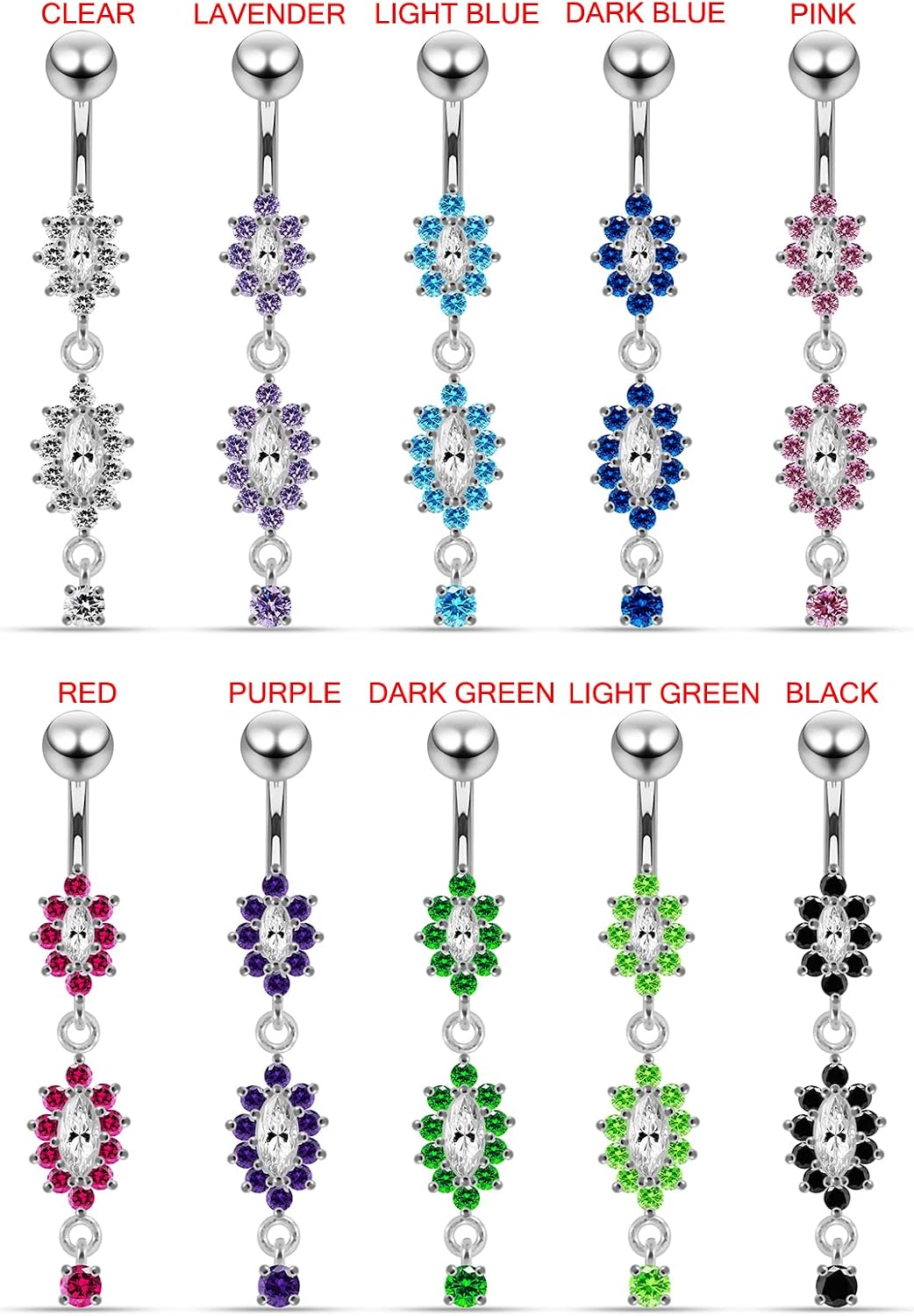 Cz Gemstones Double Studded Flower Dangling Design 925 Sterling Silver with Stainless Steel Belly Ring - Belly Button jewelry - Navel jewelry