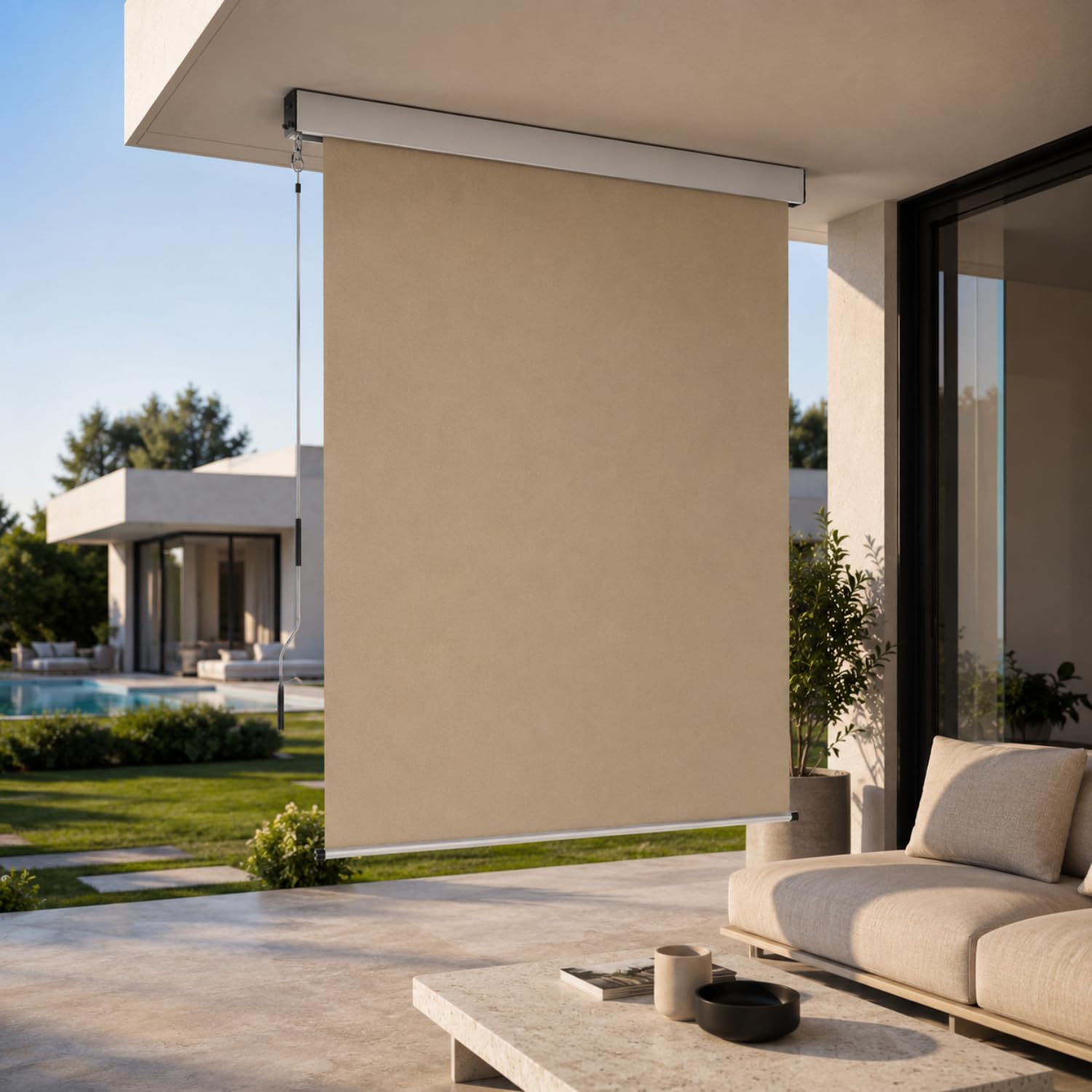 Tenda Verticale Da Sole Frangivista E Parasole Con Cassonetto In Alluminio E Manovella Rimovibile Idrorepellente Per Balcone Terrazza Veranda 180 X 250 Cm Beige