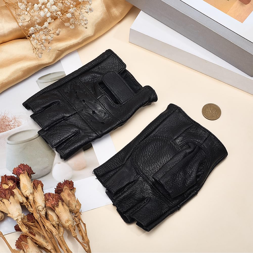 CALFOVERA 1 Pair Genuine Leather Gothic Half Finger Gloves Retro Perforated Punk Real Leather Palm Fingerless Motorcycle Hand Gloves for Women Men Performance Costume Cosplay Driving Bike Driving - Image 4
