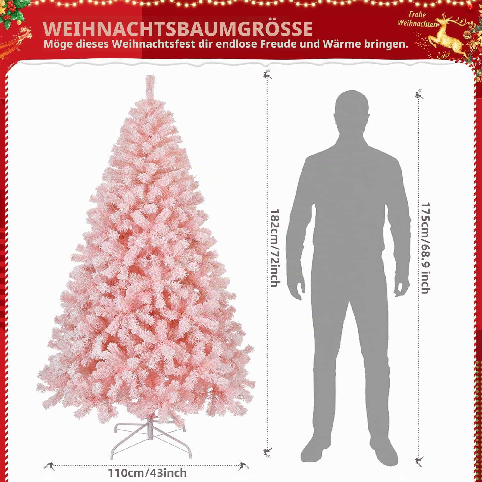 Bonnlo 180 cm Künstlicher Weihnachtsbaum mit 100 LED-Lichtern in Warmweiß, Batteriebetrieben, 750 Zweigspitzen, Stabilem Metallständer, DIY Weihnachtsdekoration für Innen & Außen, Rosa