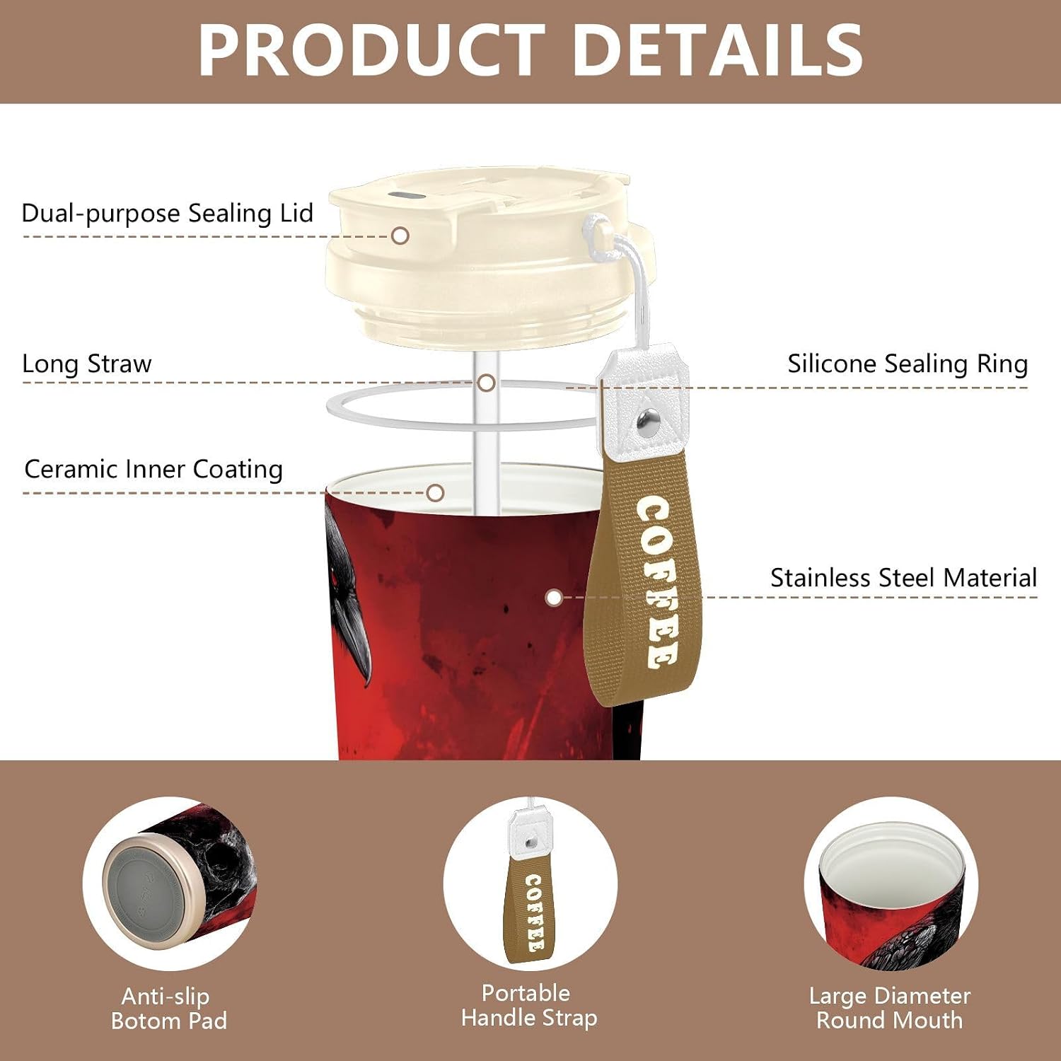 Raven Gothic Skull Red Insulated Coffee Mug with Straw & Flip Lid, 16.9oz Iced Tumbler Cup, Double Wall Vacuum Leak-Proof Mug for Travel Office