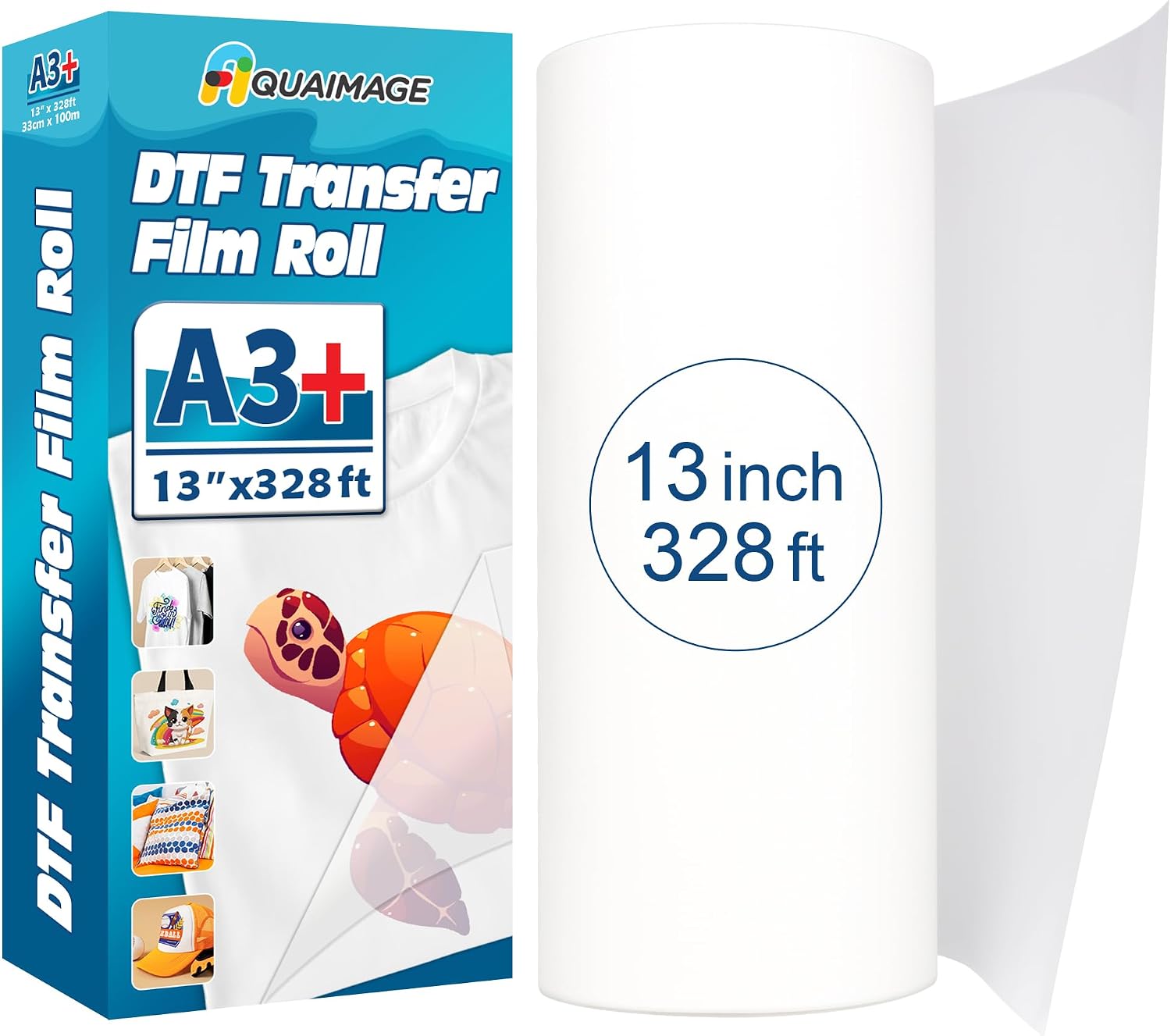 DTF Transfer Film Roll 13 Inch x 328ft A3+ Double Sided Matte PET Film, Hot & Cold Peel Transfer Paper for All DTF Printers, DTF Printing Film for T-Shirts, Bags, Light & Dark Fabrics