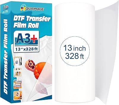 DTF Transfer Film Roll 13 Inch x 328ft A3+ Double Sided Matte PET Film, Hot & Cold Peel Transfer Paper for Epson & All DTF Printers, DTF Printing Film for T-Shirts, Bags, Light & Dark Fabrics