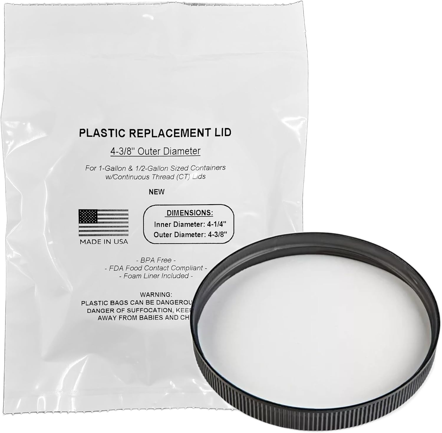 110/400 Screw-On Food-Grade Lid, 4-3/8″ OD Measured at Lid Top, USA-Made, Fits Plastic Glass Larger-Mouth Containers ½–1 Gallon, Barrel Jars 1–2.5 Gal (White, Foam Liner)