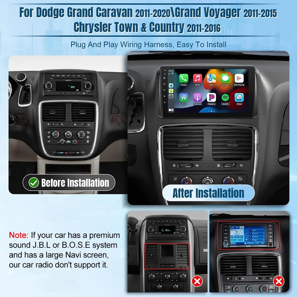 Before and after installation of the moseiny car radio in a Chrysler Town & Country dashboard