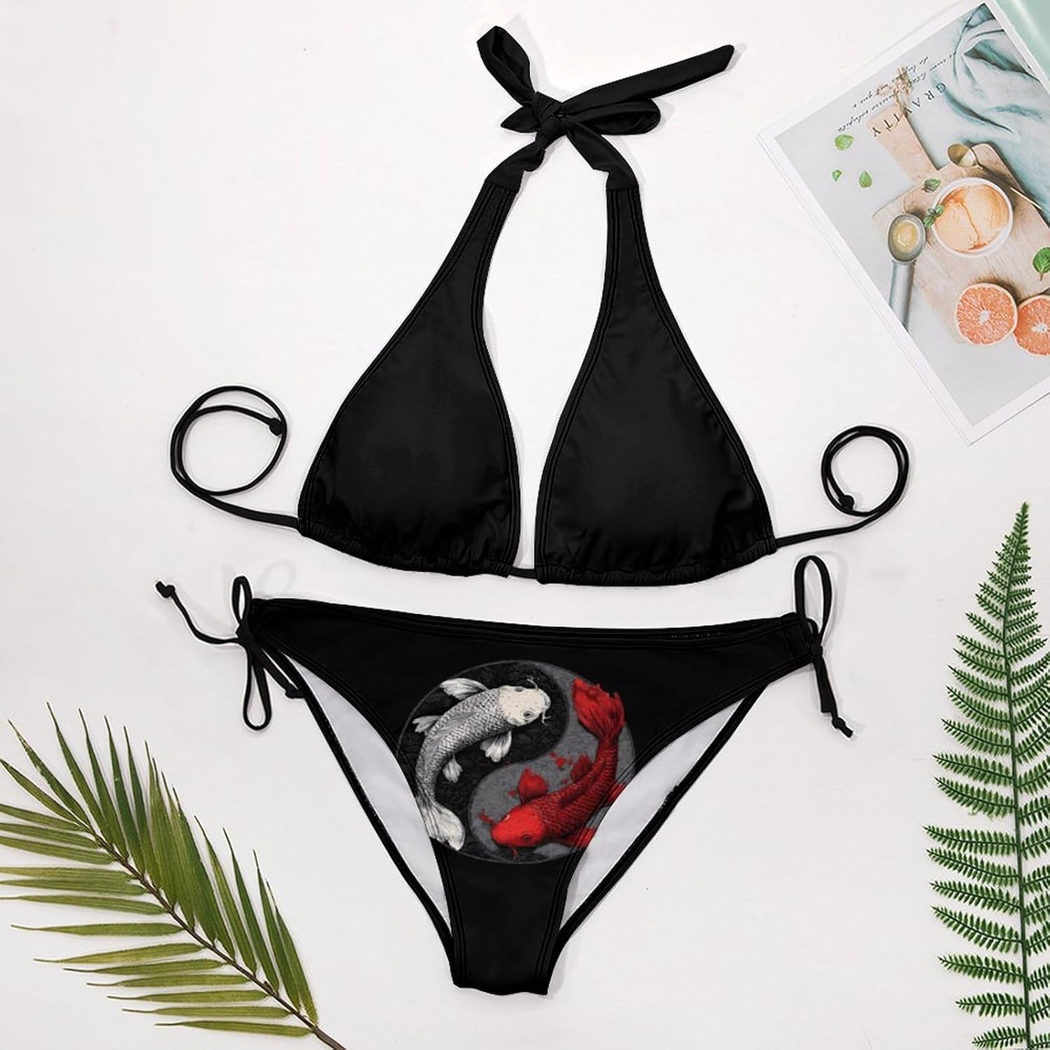 Yinyang Japanese Fish Novelty Women's 2 Piece String Bikini Set Swimsuits Bathing Suit Swimwear