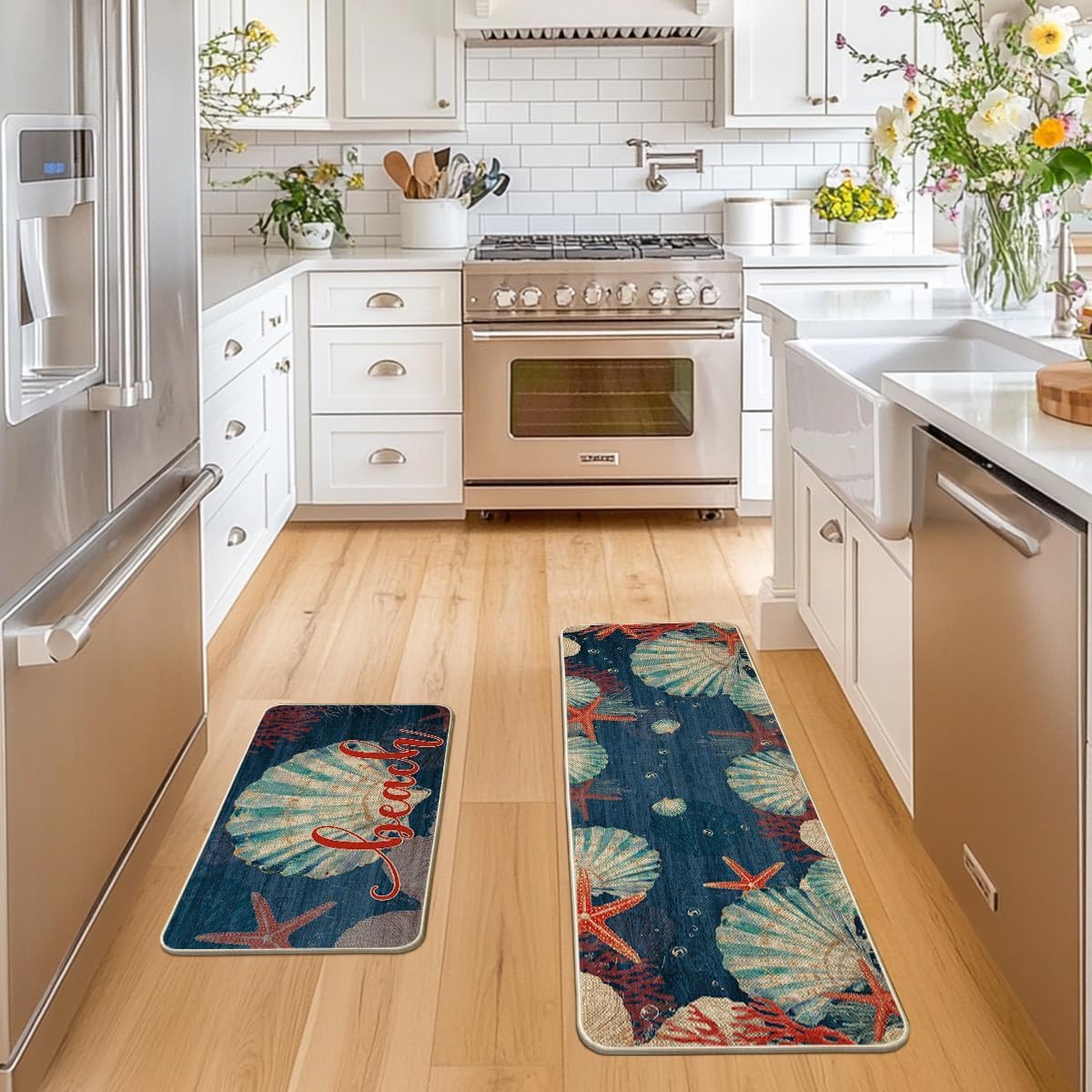 Artoid Mode Beach Sea Shell Starfish Coral Summer Kitchen Mats Set of 2, Ocean Seasonal Sports Home Decor Low-Profile Kitchen Rugs for Floor - 17x29 and 17x47 Inch