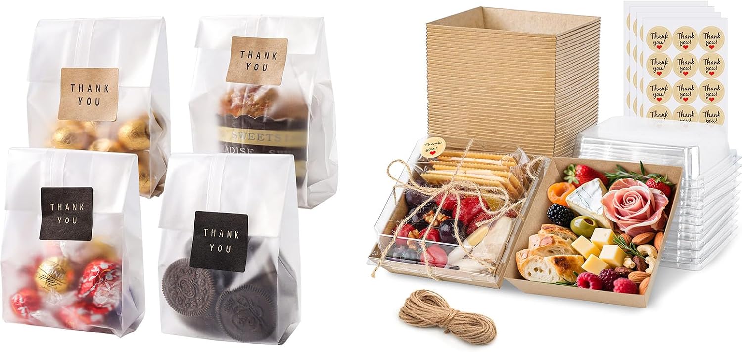Bundle of Cellophane Treat Bags and 50 Pack Charcuterie Boxes for Cookies,Candy,Chocolates