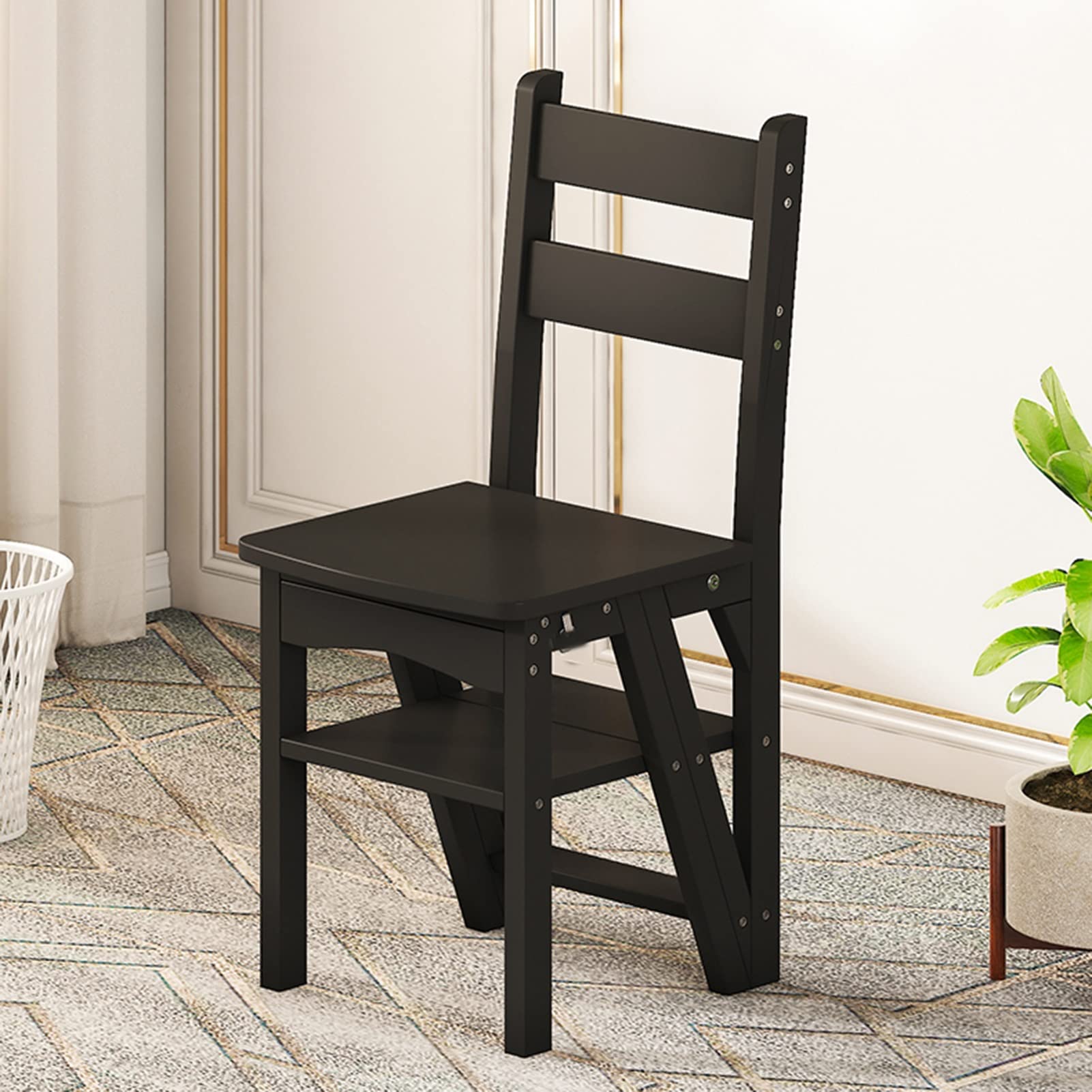 Étagère plante stand et chaise escabeau en bois massif noir chic
