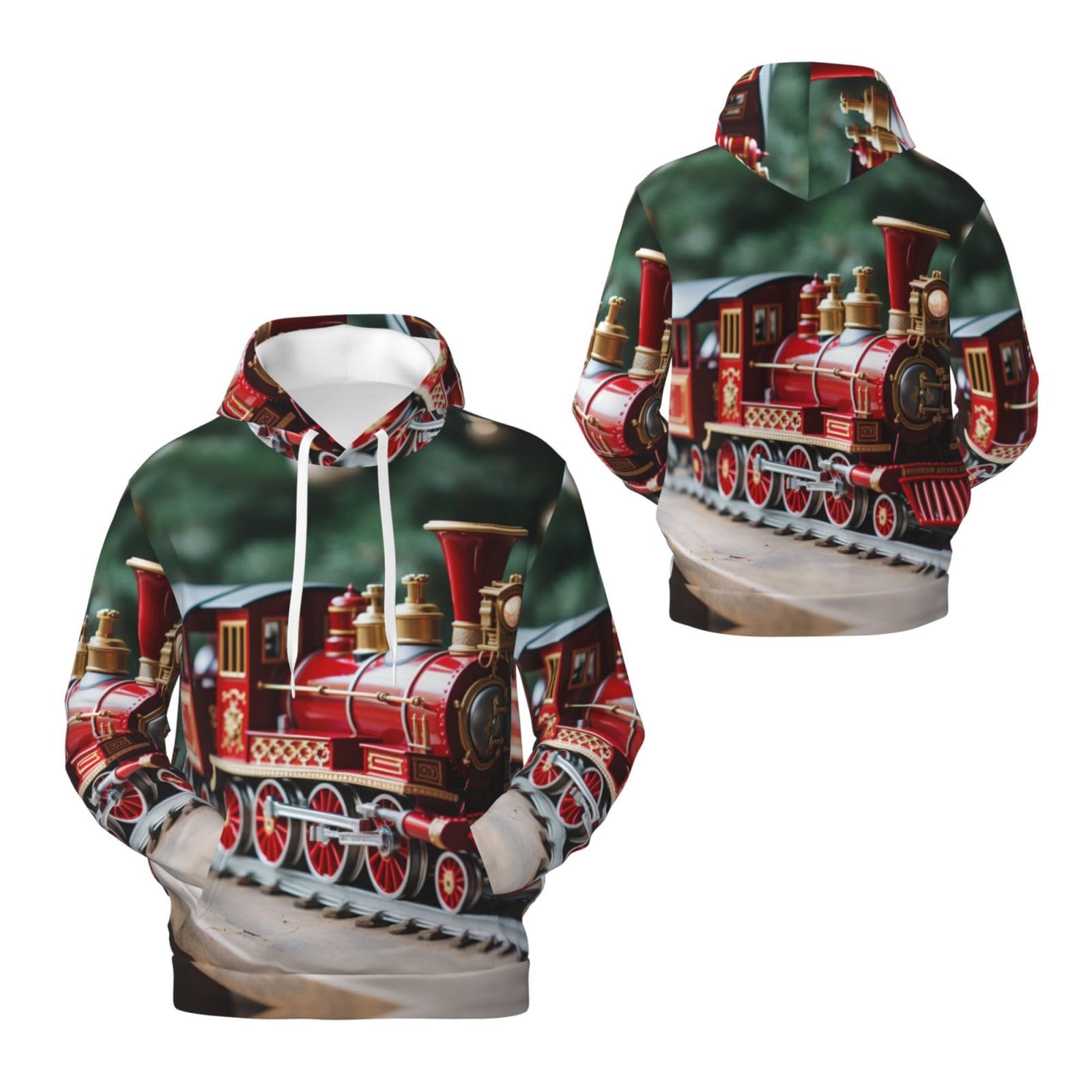 Męska bluza z kapturem z nadrukiem świątecznego pociągu, casualowa grafika z nadrukiem bluzy z kapturem z kieszenią
