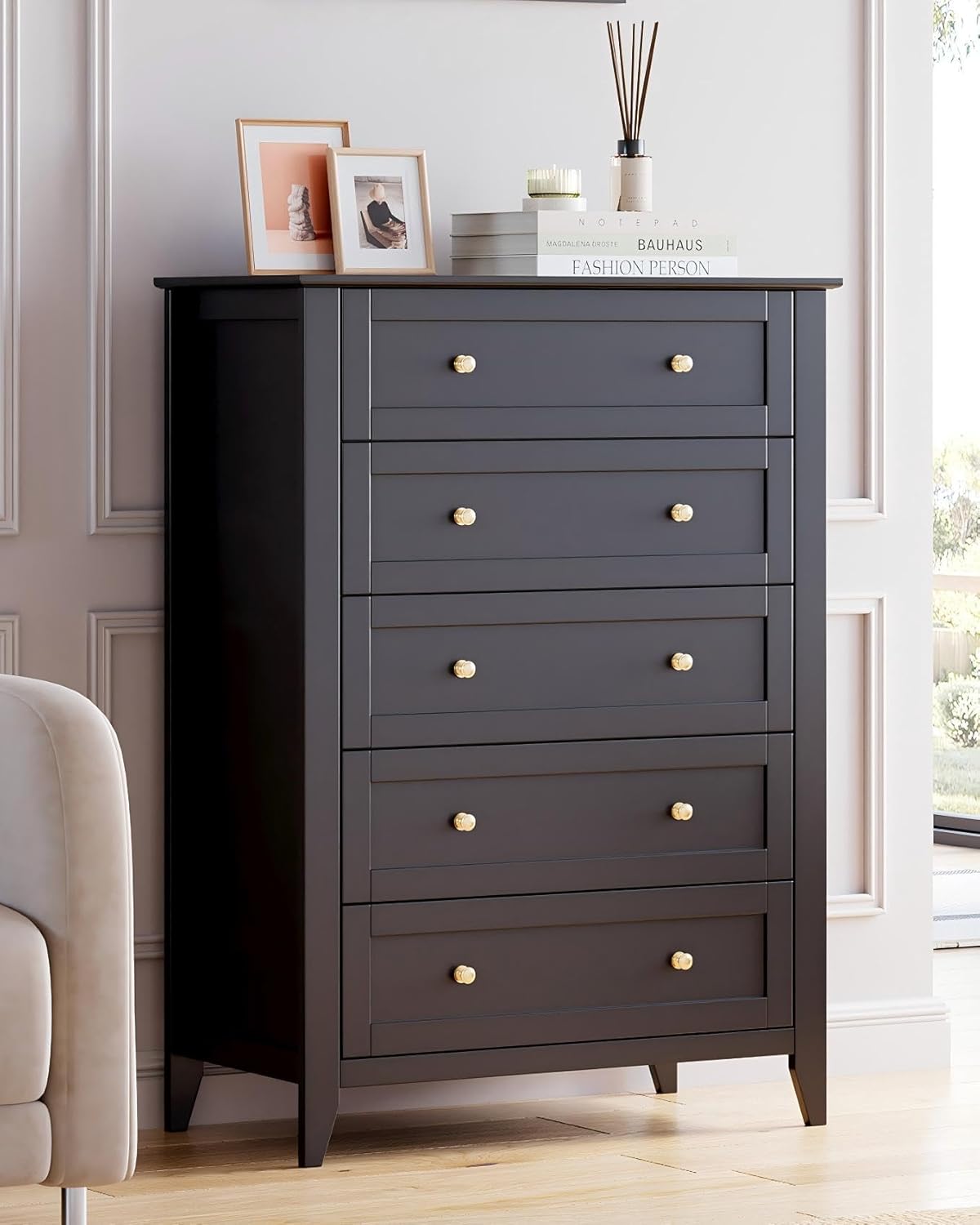 GarveeHome 5 Chest of Drawer Dresser, Wood Storage Organizer Cabinet with Drawers for Bedroom, Tall Dresser Nightstand for Living Room, Entryway, Black