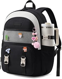 LOVEVOOK Cute School Backpack for Girls Ages 8-14, Lightweight Bookbag with Cartoon Charms & Pins, Back to School Backpack for Elementary & Middle School, Fits 17.3 Inch Laptop and 40oz Tumbler