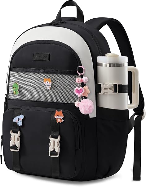 LOVEVOOK Cute School Backpack for Girls Ages 8-14, Lightweight Bookbag with Cartoon Charms & Pins, Back to School Backpack for Elementary & Middle School, Fits 17.3 Inch Laptop and 40oz Tumbler