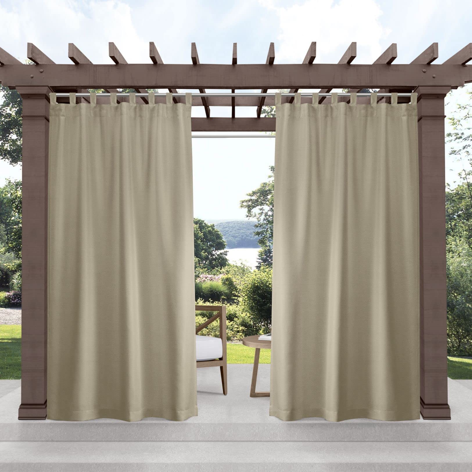 Exclusive Home Cabana Solid Indoor/Outdoor Light Filtering Hook-and-Loop Tab Top Curtain Panel Pair, 54"x132", Taupe