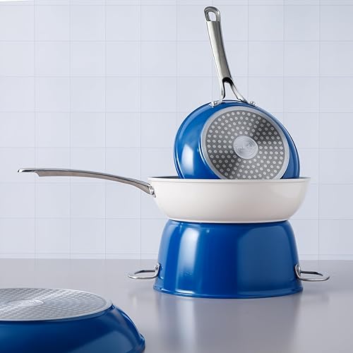 Miniatura 7 de Sur La Table Kitchen Essentials - Juego de ollas y sartenes de cerámica de titanio antiadherente, 10 piezas, sin PFA, color azul, compatible con